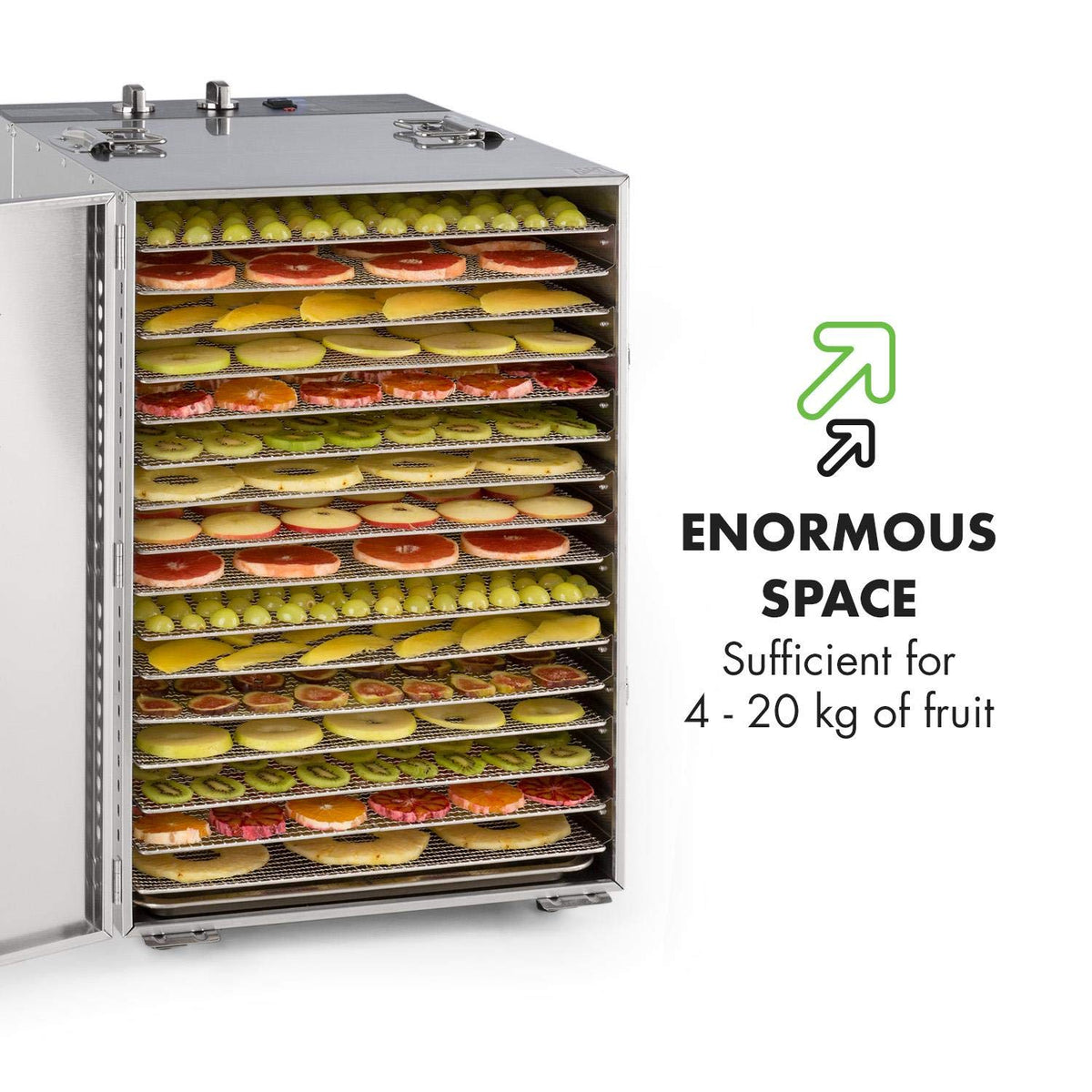Klarstein Dörrautomat Edelstahl – 4.000-W-Dörrgerät, 48 Edelstahl-Einlegeböden, 30–90 °C, 24-Stunden-Timer, 6 Ventilatoren, 2 Trockenkammern, 50–55 dB, ideal für Obst, Gemüse, Fleisch, Kräuter, Silbero