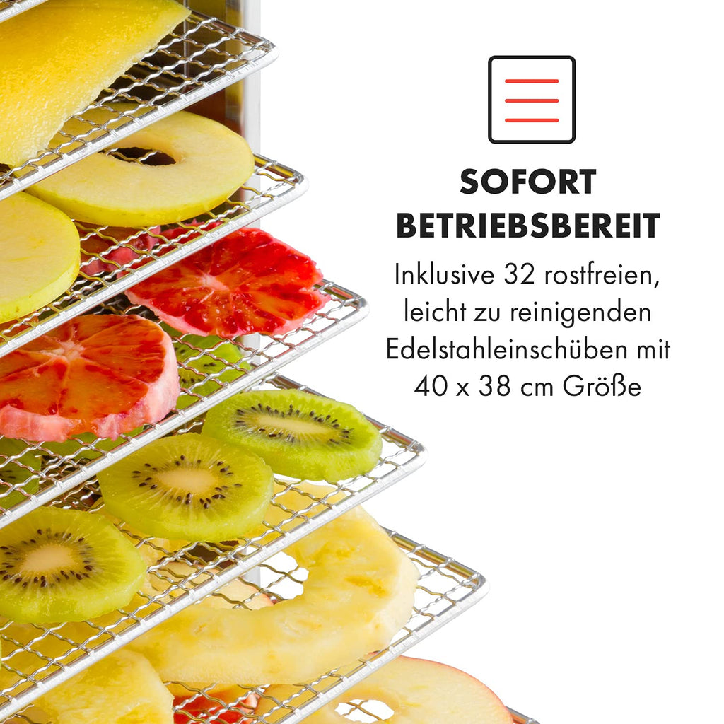Klarstein Dörrautomat Edelstahl – 4.000-W-Dörrgerät, 48 Edelstahl-Einlegeböden, 30–90 °C, 24-Stunden-Timer, 6 Ventilatoren, 2 Trockenkammern, 50–55 dB, ideal für Obst, Gemüse, Fleisch, Kräuter, Silbero