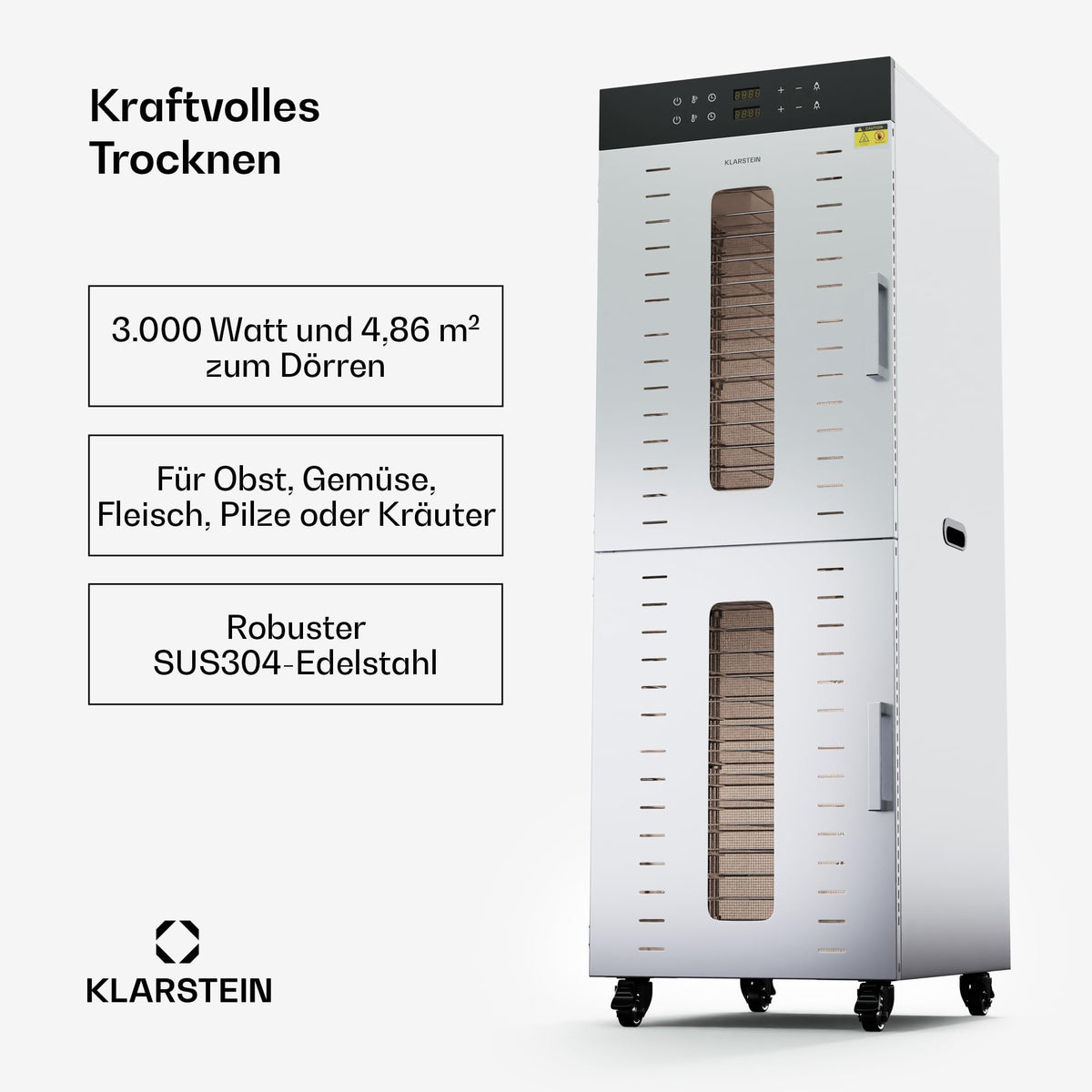 Klarstein Dörrautomat Edelstahl – 4.000-W-Dörrgerät, 48 Edelstahl-Einlegeböden, 30–90 °C, 24-Stunden-Timer, 6 Ventilatoren, 2 Trockenkammern, 50–55 dB, ideal für Obst, Gemüse, Fleisch, Kräuter, Silbero