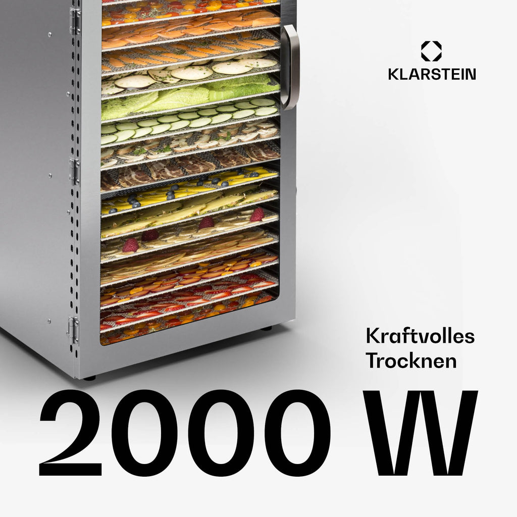 Klarstein Dörrgerät, Dörrautomat für Gemüse, Obst, Pilze & Fleisch, 1500W Edelstahl-Dörrautomat, Trockenautomat mit 16 Metallgitter, Dörrgerät mit 24H Timer & Touch-Display, Food Dehydratoro