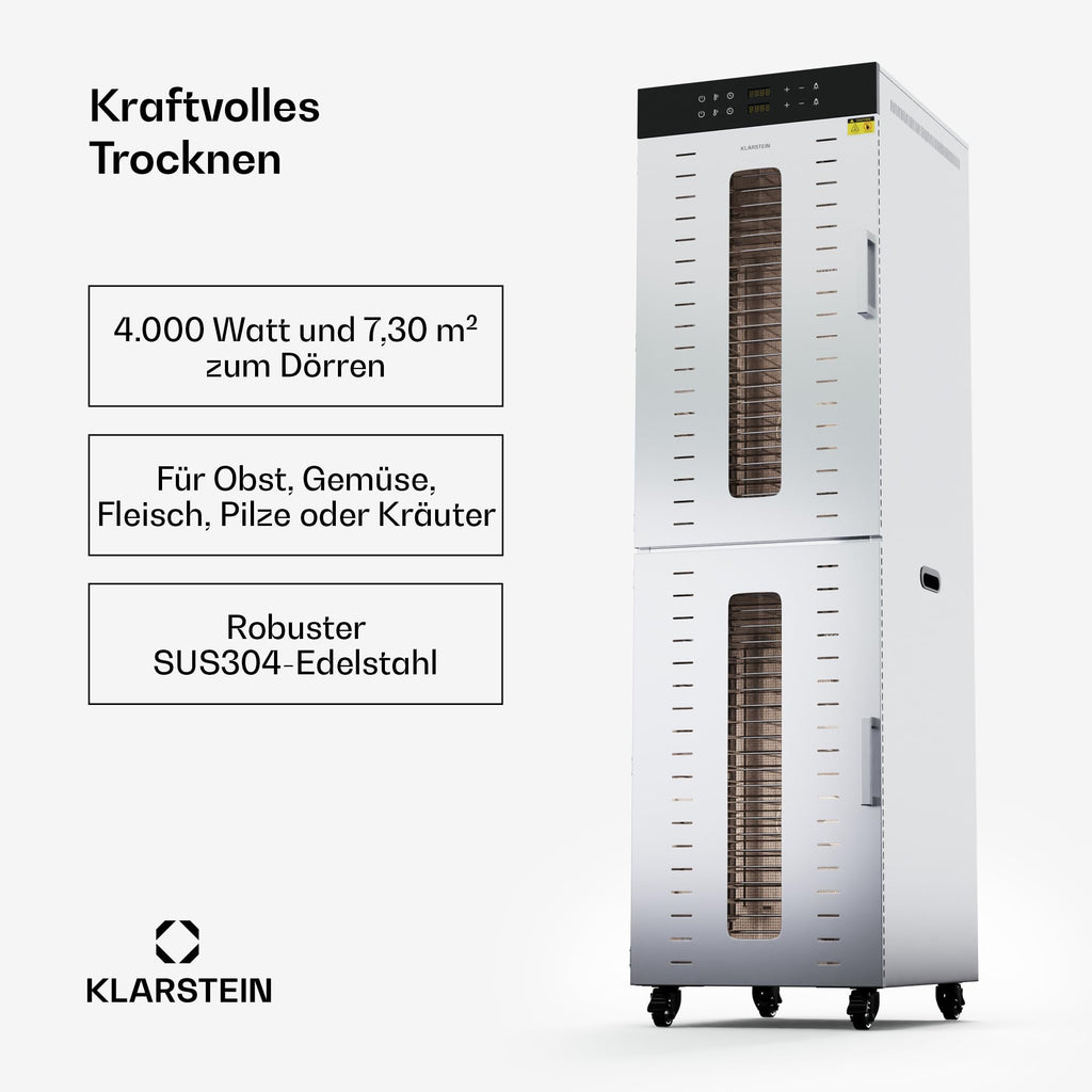Klarstein Dörrautomat Edelstahl – 4.000-W-Dörrgerät, 48 Edelstahl-Einlegeböden, 30–90 °C, 24-Stunden-Timer, 6 Ventilatoren, 2 Trockenkammern, 50–55 dB, ideal für Obst, Gemüse, Fleisch, Kräuter, Silbero