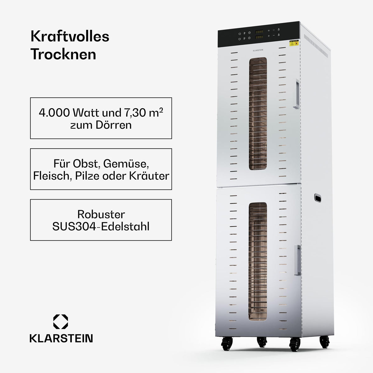 Klarstein Dörrautomat Edelstahl – 4.000-W-Dörrgerät, 48 Edelstahl-Einlegeböden, 30–90 °C, 24-Stunden-Timer, 6 Ventilatoren, 2 Trockenkammern, 50–55 dB, ideal für Obst, Gemüse, Fleisch, Kräuter, Silbero