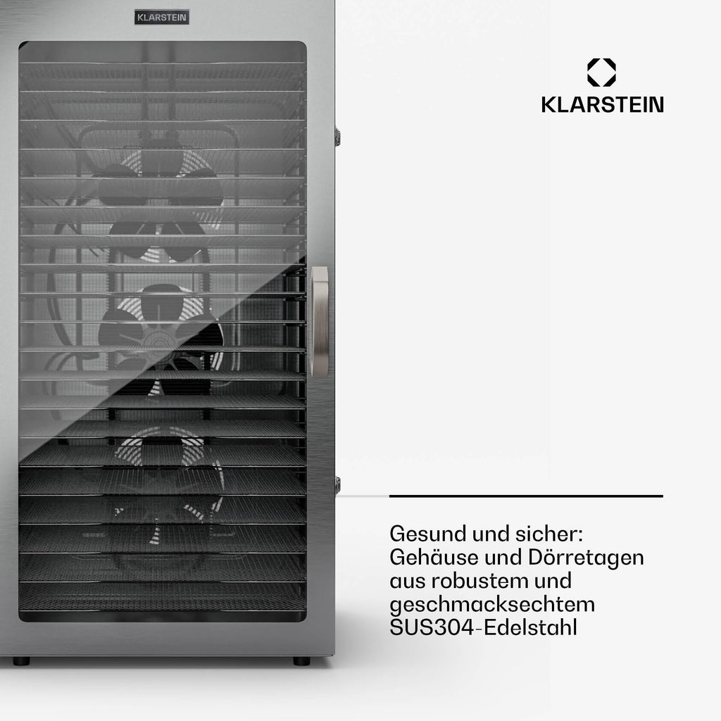 Klarstein Dörrgerät, Dörrautomat für Gemüse, Obst, Pilze & Fleisch, 1500W Edelstahl-Dörrautomat, Trockenautomat mit 16 Metallgitter, Dörrgerät mit 24H Timer & Touch-Display, Food Dehydratoro