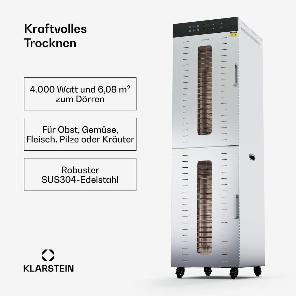 Klarstein Dörrautomat Edelstahl – 4.000-W-Dörrgerät, 48 Edelstahl-Einlegeböden, 30–90 °C, 24-Stunden-Timer, 6 Ventilatoren, 2 Trockenkammern, 50–55 dB, ideal für Obst, Gemüse, Fleisch, Kräuter, Silbero
