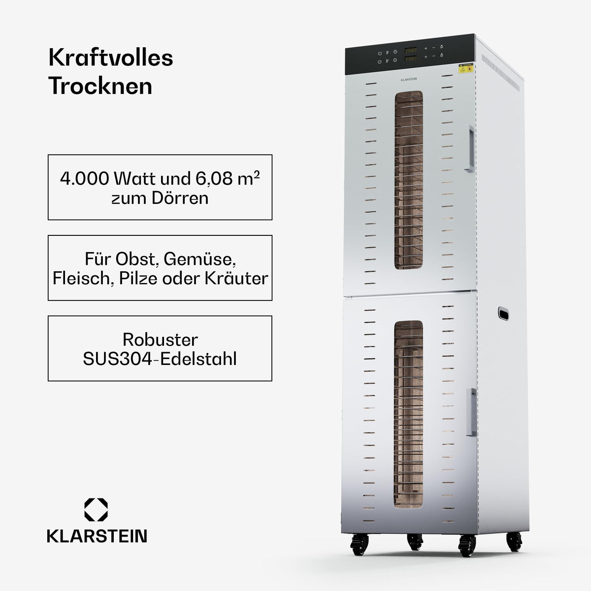 Klarstein Dörrautomat Edelstahl – 4.000-W-Dörrgerät, 48 Edelstahl-Einlegeböden, 30–90 °C, 24-Stunden-Timer, 6 Ventilatoren, 2 Trockenkammern, 50–55 dB, ideal für Obst, Gemüse, Fleisch, Kräuter, Silbero