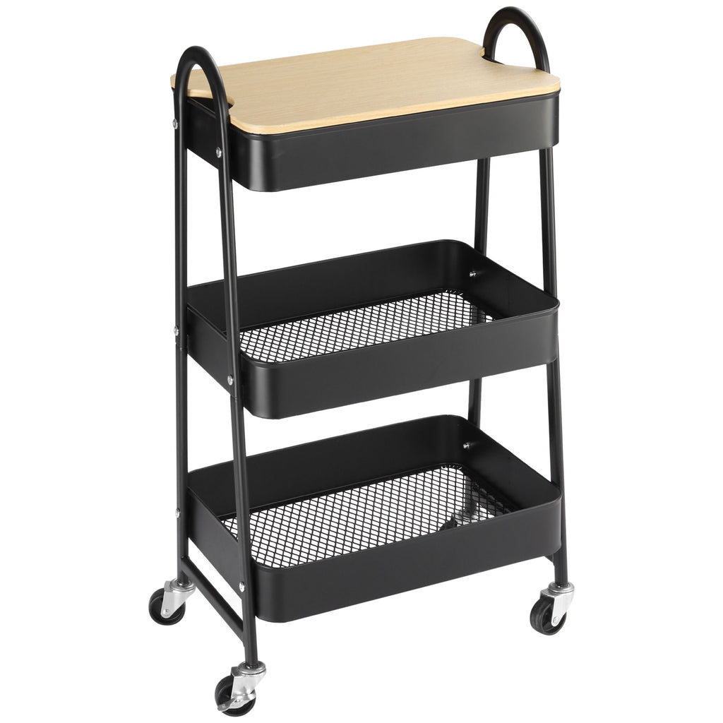 HOMCOM Rollwagen aus Stahl mit 3 Ebenen, MDF-Platte, Griffe Maße 45L x 31B x 79,4H cm
