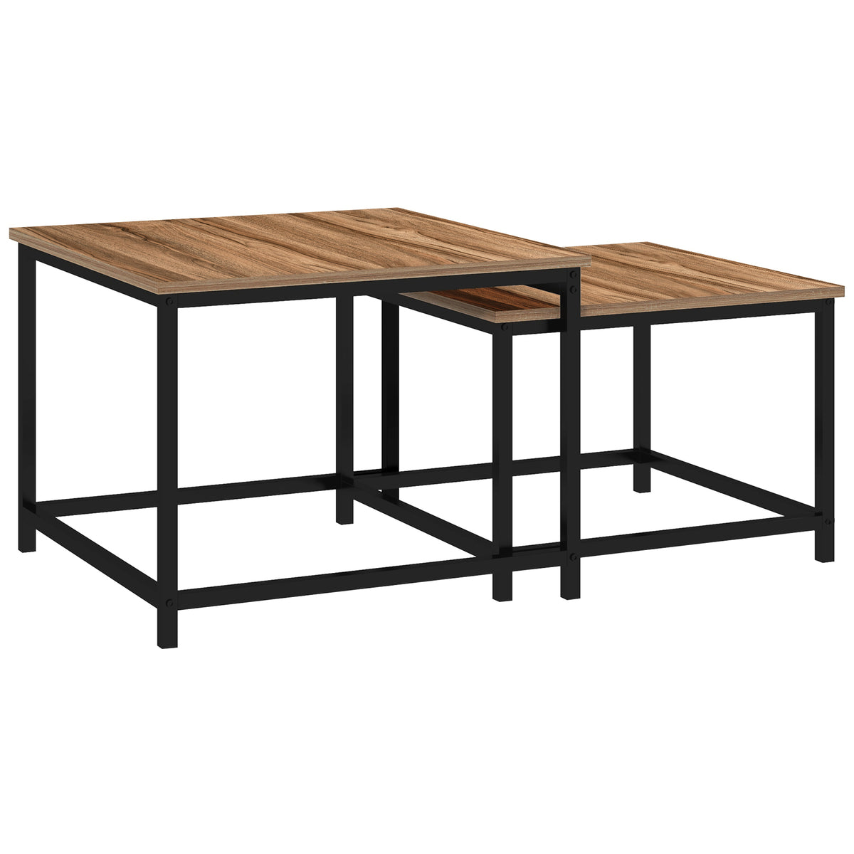 HOMCOM Satztisch-Set aus 2 Beistelltischen, Industrial Design, schwarzer Stahlrahmen, Tischplatte in Holzoptik
