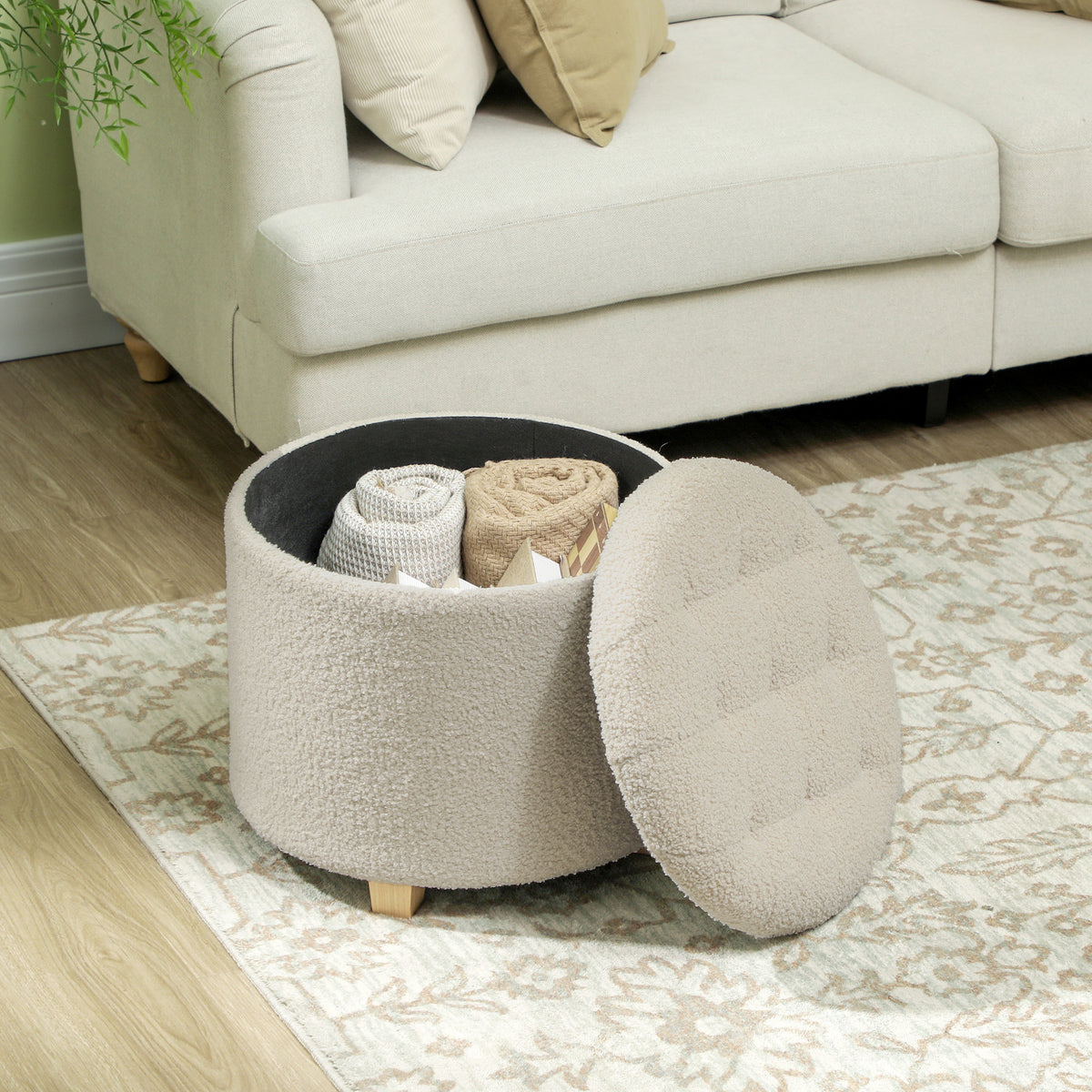 HOMCOM Runder Sitzhocker mit Stauraum, Deckel und Holzbeinen, Fußhocker für Wohnzimmer, Flur, Schlafzimmer, Cremeweiß