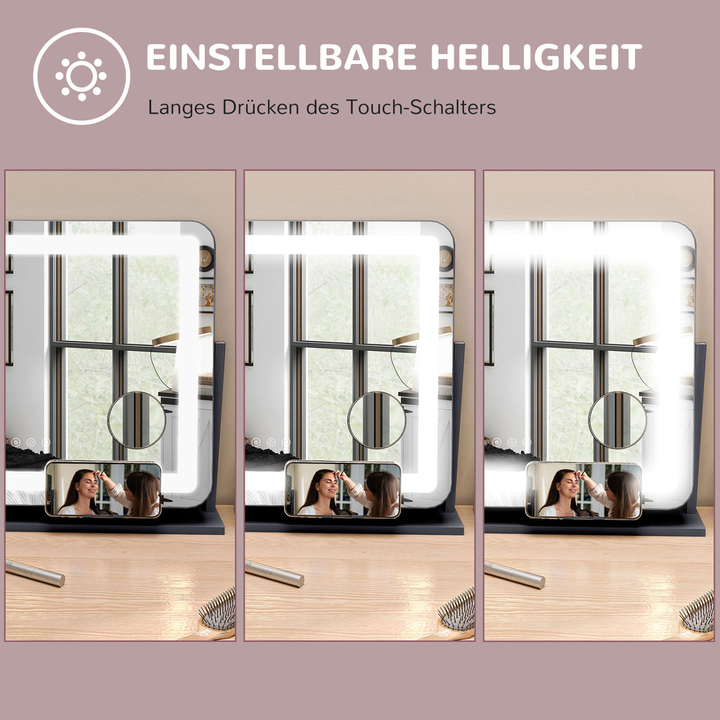 HOMCOM Schminkspiegel mit LED-Lampen, USB-Anschluss, 3 Modi, drehbar, Schwarz