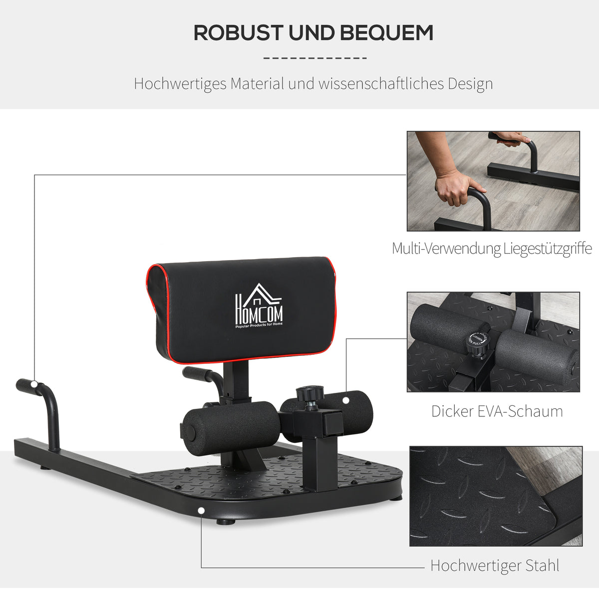 HOMCOM Sissy Squat Kniebeugentrainer Beintrainer Bauch-Gesäß-Trainer 3 in 1 Trainer verstellbar bis 120 kg Stahl Schwarz 50 x 97 x (44,5–56,5) cm