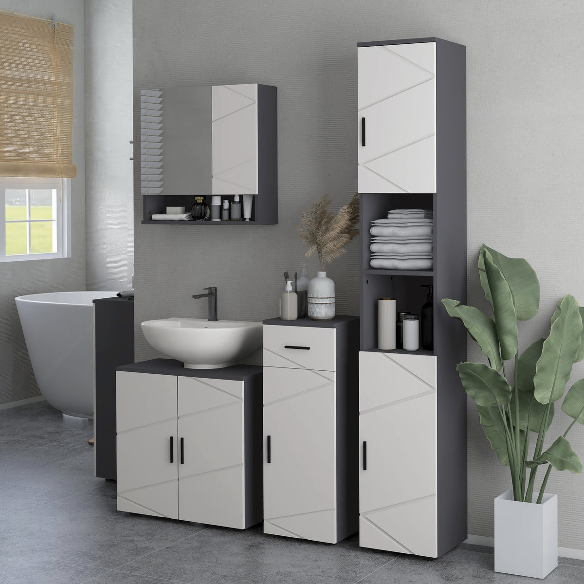 kleankin Badezimmerschrank, Badkommode, verstellbare Regale, bis zu 25 kg belastbar, Grau