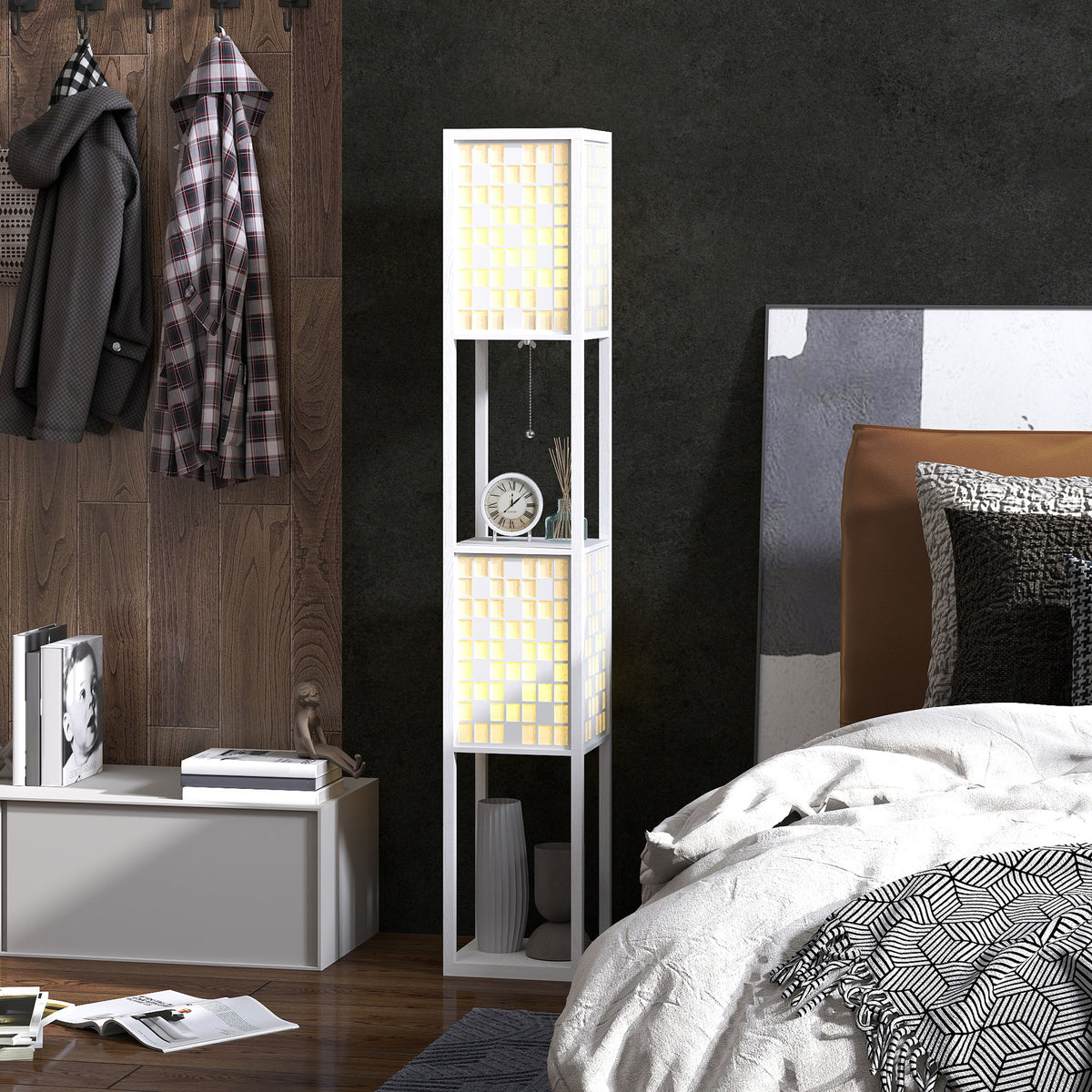 HOMCOM Stehlampe, Gittermuster, 2-Ebenen-Regale, für verschiedene Glühbirnen, Weiß