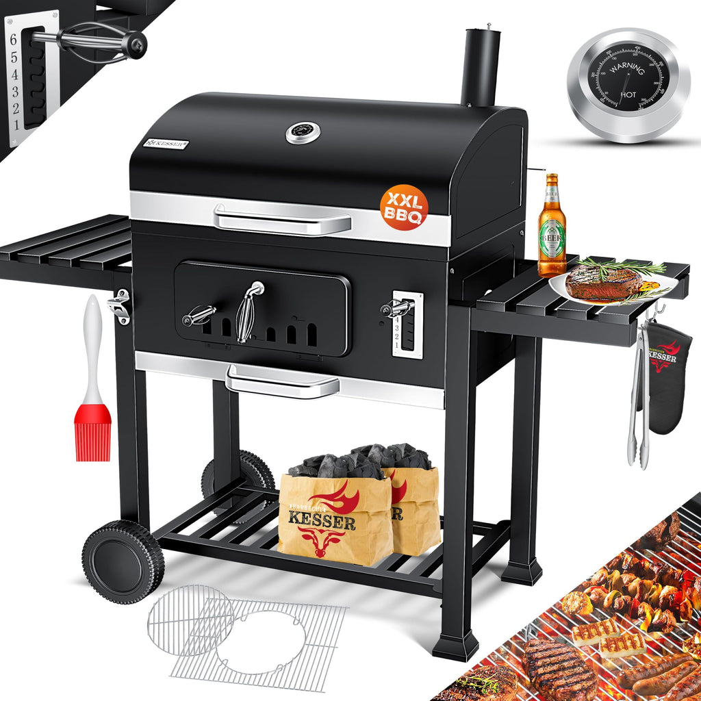 KESSER Holzkohlegrill XL Grillwagen, 2338 cm², Thermometer, Warmhalterost, Grau