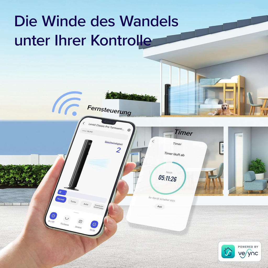 Levoit LTF-F422S-KEU Classic Pro Smart Turmventilator – 12 Stufen, 25dB, 2844m³/h, Alexa, App, Schwarz