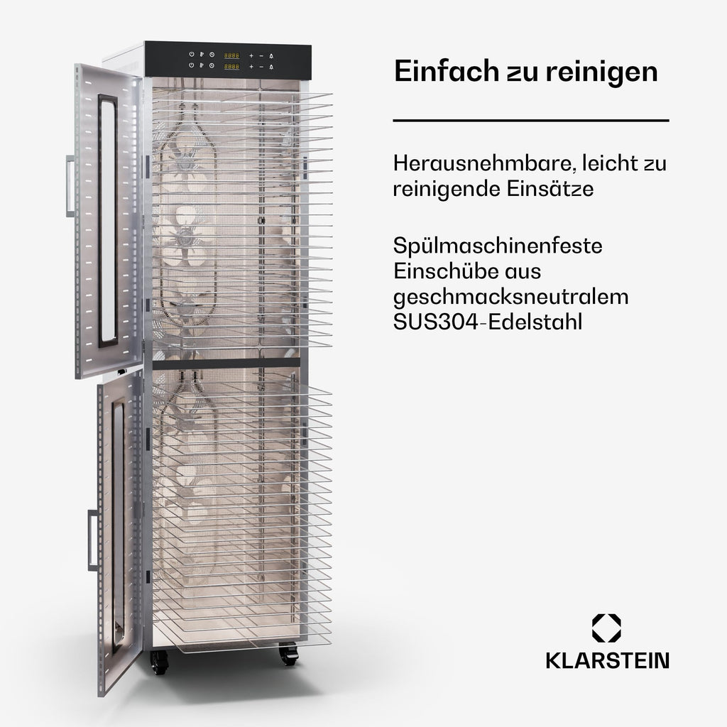 Klarstein Dörrautomat Edelstahl – 4.000-W-Dörrgerät, 48 Edelstahl-Einlegeböden, 30–90 °C, 24-Stunden-Timer, 6 Ventilatoren, 2 Trockenkammern, 50–55 dB, ideal für Obst, Gemüse, Fleisch, Kräuter, Silbero