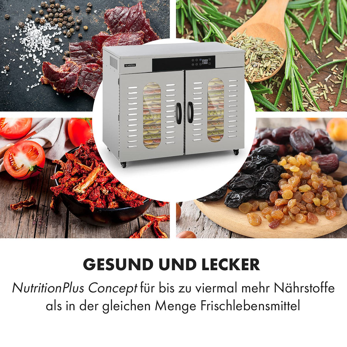 Klarstein Dörrautomat Edelstahl – 4.000-W-Dörrgerät, 48 Edelstahl-Einlegeböden, 30–90 °C, 24-Stunden-Timer, 6 Ventilatoren, 2 Trockenkammern, 50–55 dB, ideal für Obst, Gemüse, Fleisch, Kräuter, Silbero