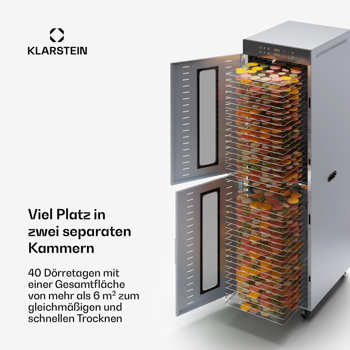 Klarstein Dörrautomat Edelstahl – 4.000-W-Dörrgerät, 48 Edelstahl-Einlegeböden, 30–90 °C, 24-Stunden-Timer, 6 Ventilatoren, 2 Trockenkammern, 50–55 dB, ideal für Obst, Gemüse, Fleisch, Kräuter, Silbero
