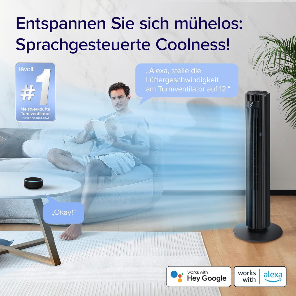 Levoit LTF-F422S-KEU Classic Pro Smart Turmventilator – 12 Stufen, 25dB, 2844m³/h, Alexa, App, Schwarz