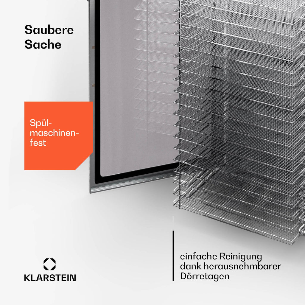 Klarstein Dörrgerät, Dörrautomat für Gemüse, Obst, Pilze & Fleisch, 1500W Edelstahl-Dörrautomat, Trockenautomat mit 16 Metallgitter, Dörrgerät mit 24H Timer & Touch-Display, Food Dehydratoro