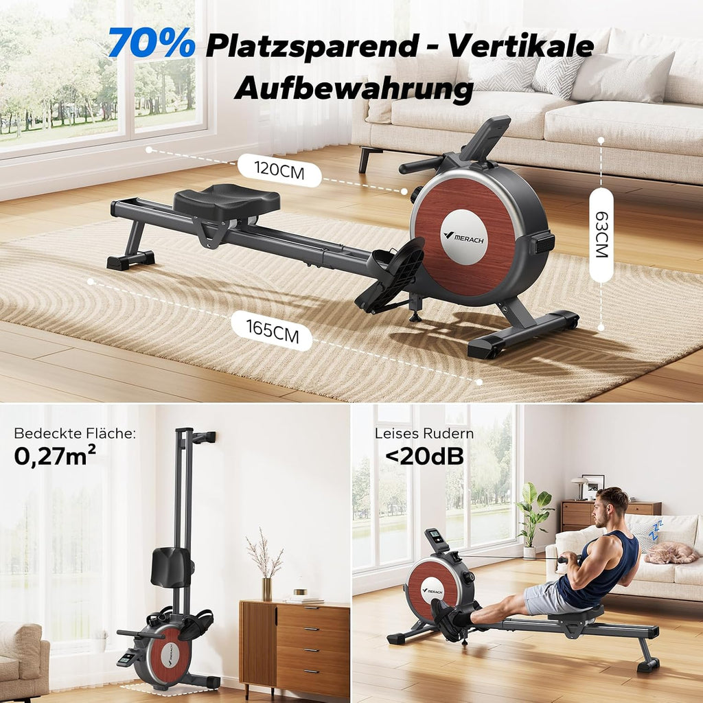 MERACH Q1s Rudergerät 160kg – 32-stufig Magnet, 5,5kg Schwungrad, App, Dual-Rail, 0,2m², Schwarz