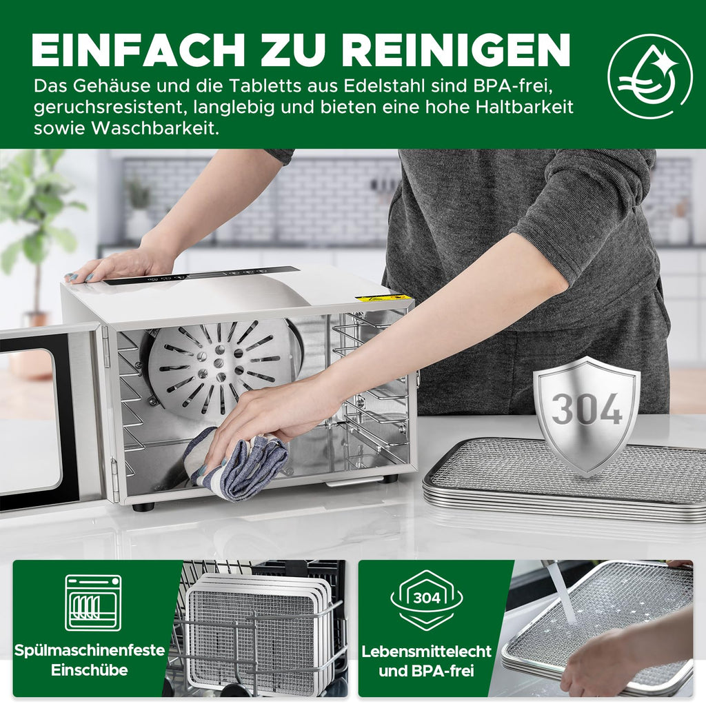 Kwasyo Dörrautomat Edelstahl DA 1000, XXL-Dörrfläche 1,8 m², Dörrgerät Temperatur einstellbar 30-90℃, LED-Display, 24 Std, BPA-frei, mit Rezeptheft, 10 Edelstahl-Dörrtablettso