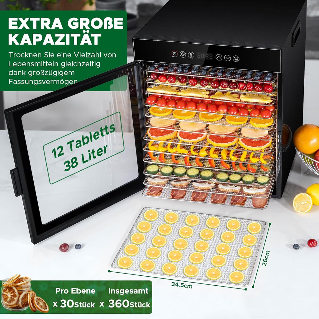 Kwasyo Dörrautomat Edelstahl, Dörrgerät 12 Etagen Ganz in Schwarz, 30-90℃ Temperaturregelung, 24 Stunden Timer, Rezeptheft für Fleisch Obst Gemüse Kräuter, 1000W, LT-09o