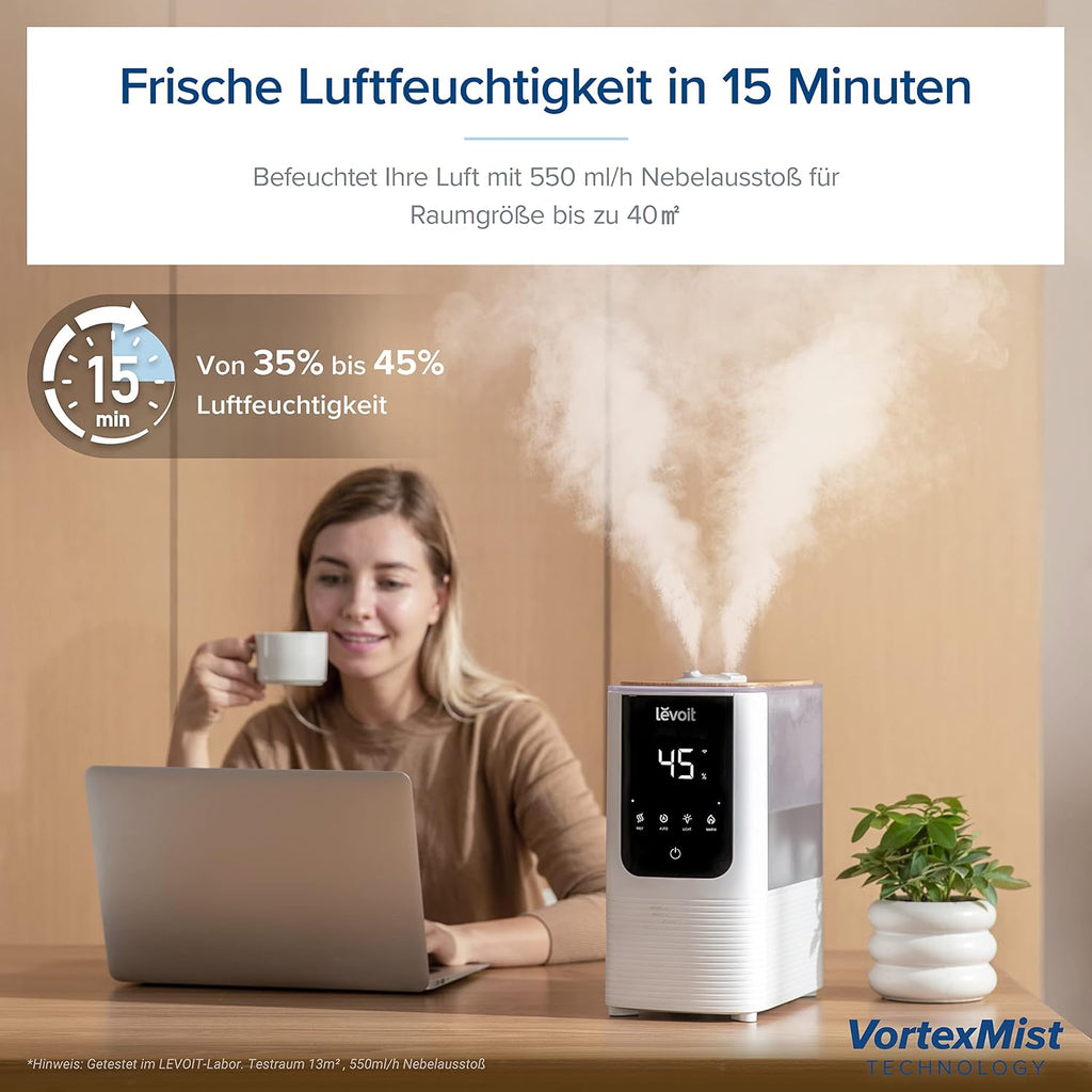 Levoit OasisMist LUH-O451S Luftbefeuchter 4,5L – Warm & Kalt, VortexMist, 550ml/h, 26dB, WiFi, Mondweiß