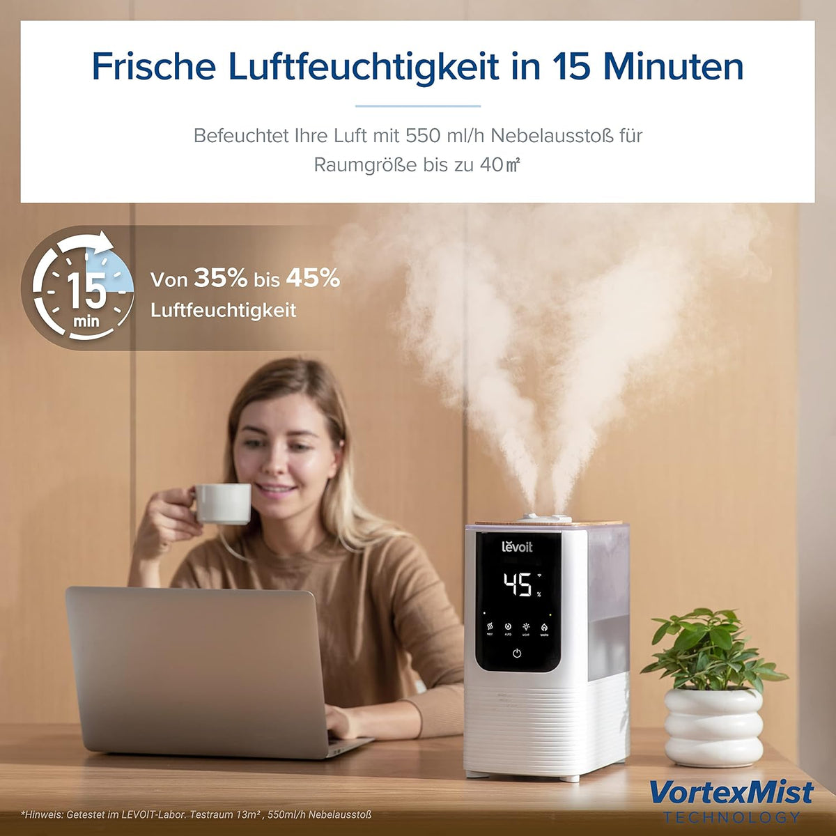 Levoit OasisMist LUH-O451S Luftbefeuchter 4,5L – Warm & Kalt, VortexMist, 550ml/h, 26dB, WiFi, Mondweiß