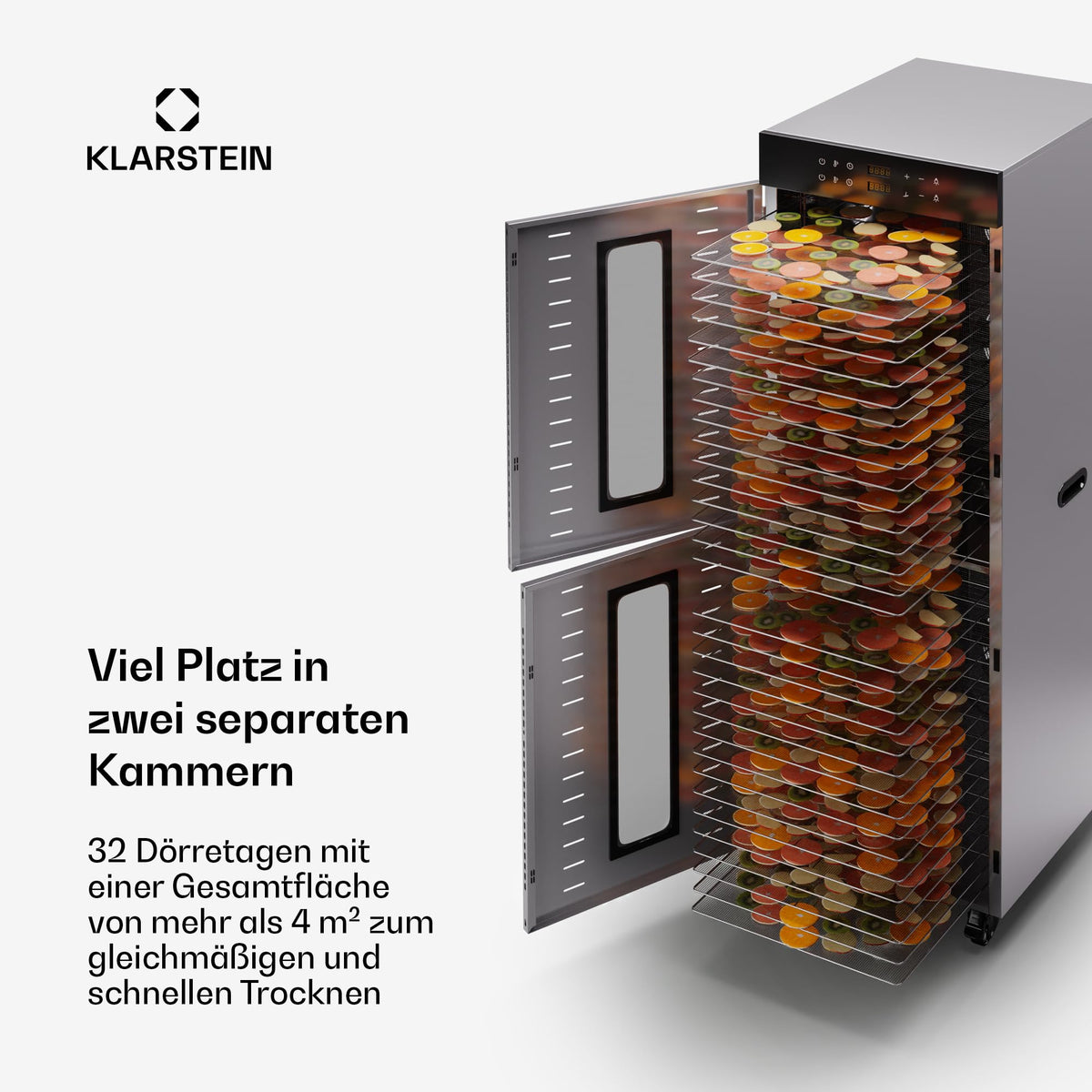 Klarstein Dörrautomat Edelstahl – 4.000-W-Dörrgerät, 48 Edelstahl-Einlegeböden, 30–90 °C, 24-Stunden-Timer, 6 Ventilatoren, 2 Trockenkammern, 50–55 dB, ideal für Obst, Gemüse, Fleisch, Kräuter, Silbero