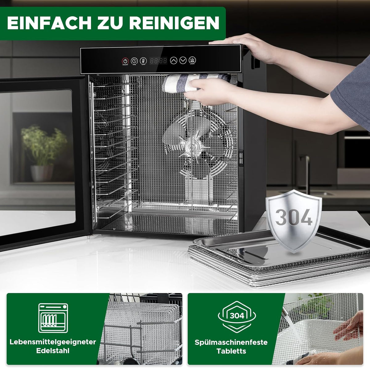 Kwasyo Dörrautomat Edelstahl, Dörrgerät 12 Etagen Ganz in Schwarz, 30-90℃ Temperaturregelung, 24 Stunden Timer, Rezeptheft für Fleisch Obst Gemüse Kräuter, 1000W, LT-09o