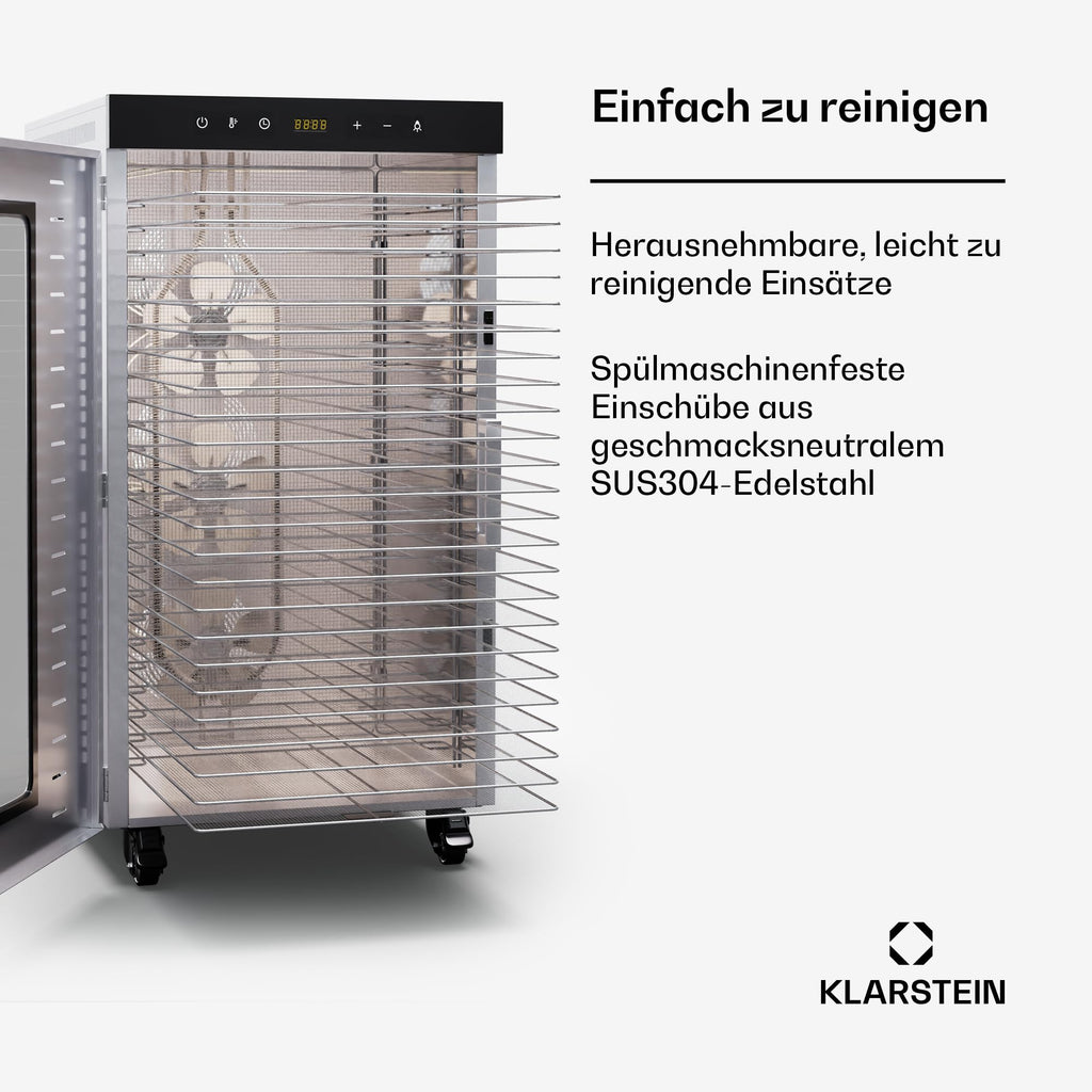 Klarstein Dörrautomat Edelstahl – 4.000-W-Dörrgerät, 48 Edelstahl-Einlegeböden, 30–90 °C, 24-Stunden-Timer, 6 Ventilatoren, 2 Trockenkammern, 50–55 dB, ideal für Obst, Gemüse, Fleisch, Kräuter, Silbero