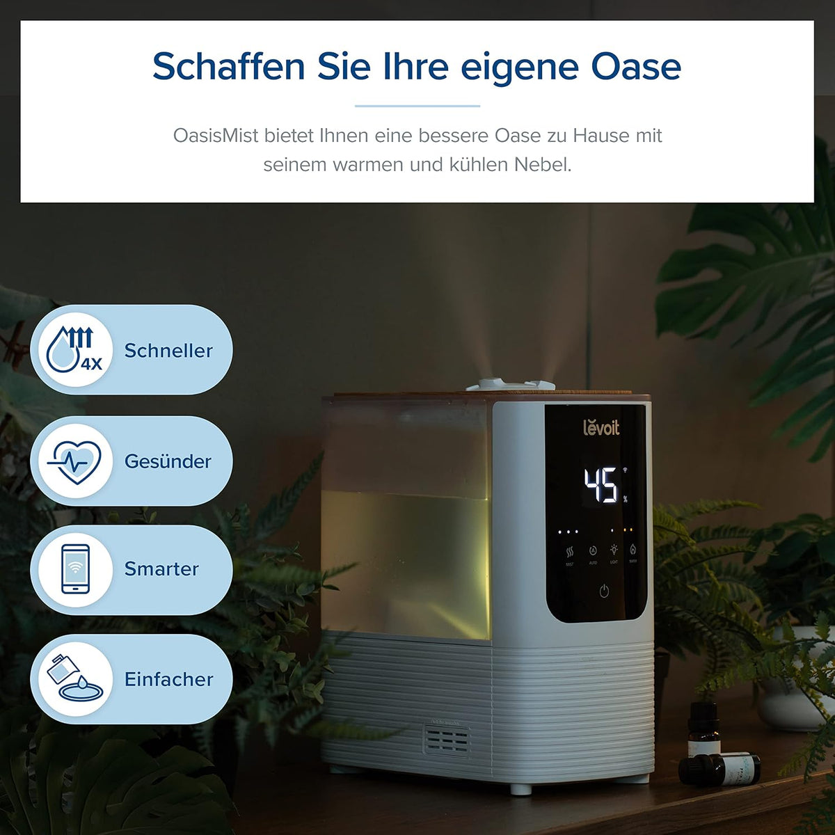 Levoit OasisMist LUH-O451S Luftbefeuchter 4,5L – Warm & Kalt, VortexMist, 550ml/h, 26dB, WiFi, Mondweiß