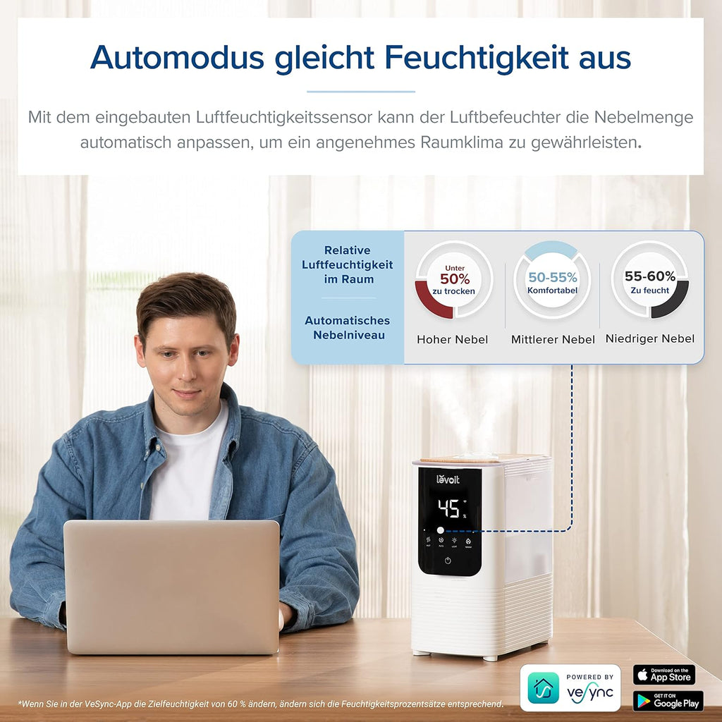 Levoit OasisMist LUH-O451S Luftbefeuchter 4,5L – Warm & Kalt, VortexMist, 550ml/h, 26dB, WiFi, Mondweiß