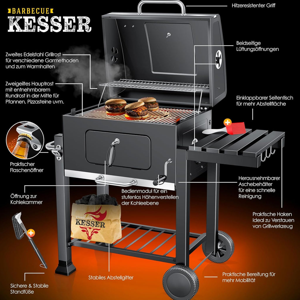 KESSER Holzkohlegrill XL Grillwagen, 2338 cm², Thermometer, Warmhalterost, Grau