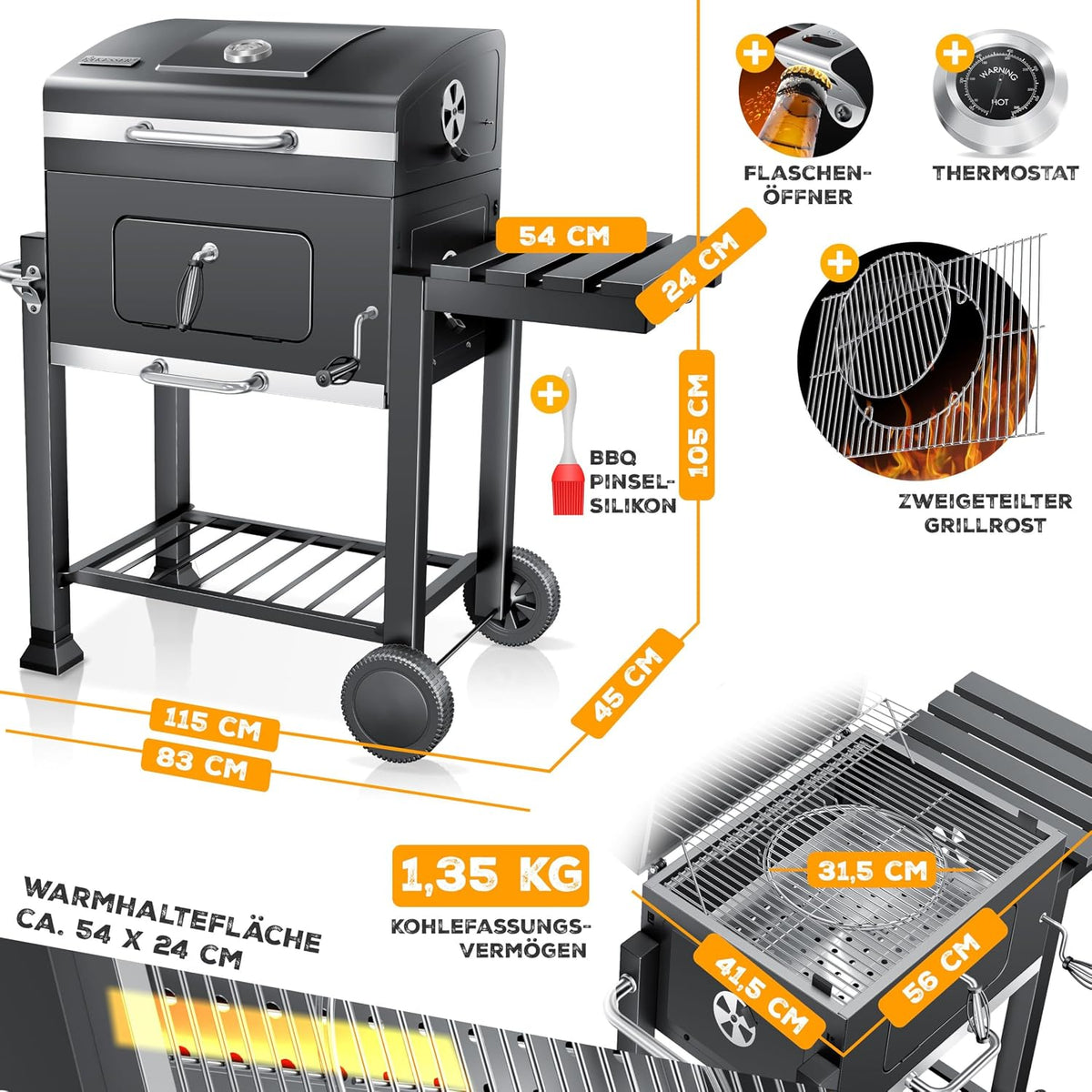 KESSER Holzkohlegrill XL Grillwagen, 2338 cm², Thermometer, Warmhalterost, Grau