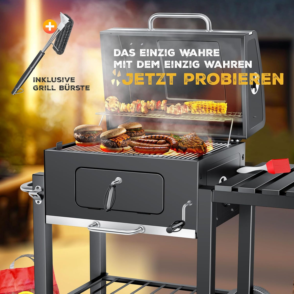 KESSER Holzkohlegrill XL Grillwagen, 2338 cm², Thermometer, Warmhalterost, Grau