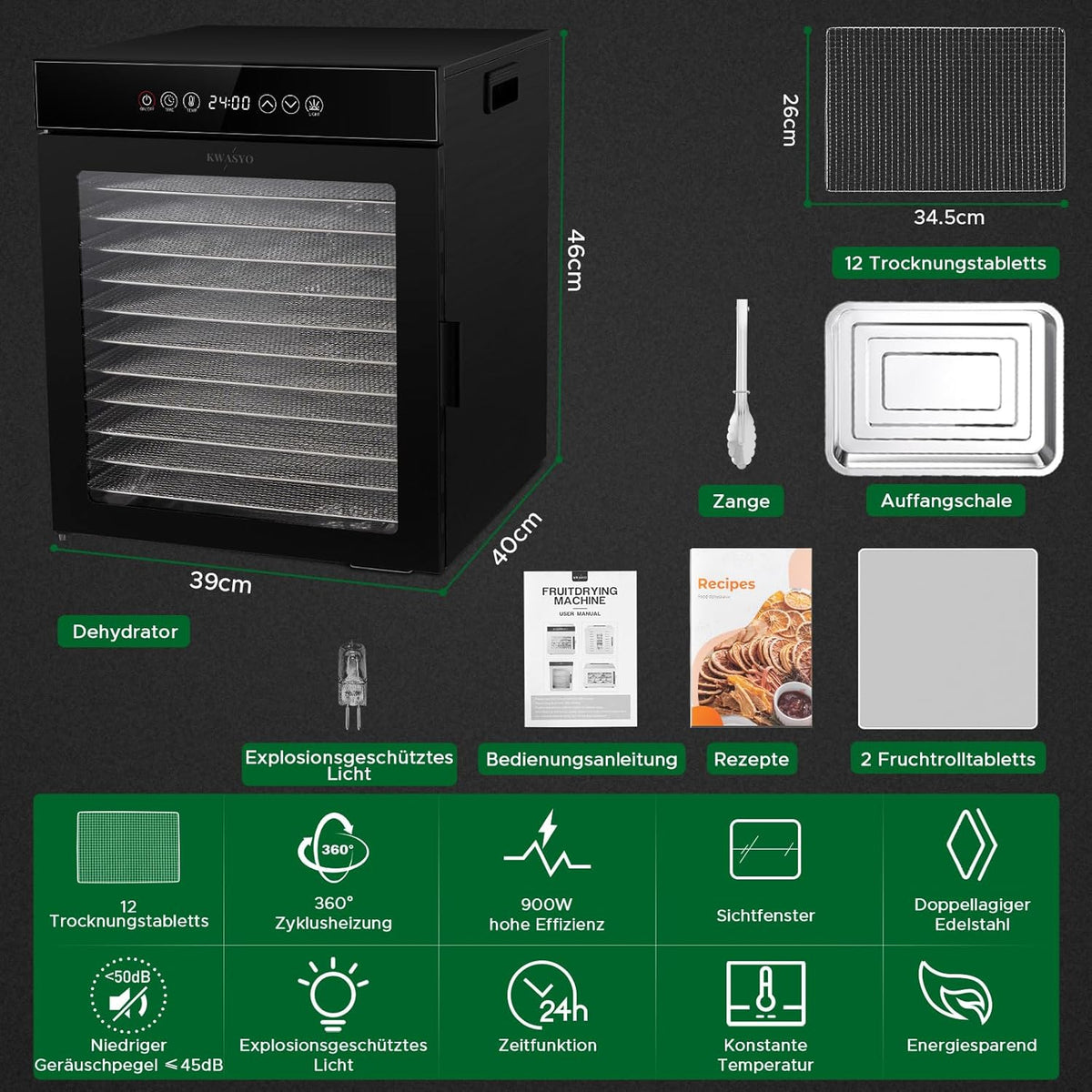 Kwasyo Dörrautomat Edelstahl, Dörrgerät 12 Etagen Ganz in Schwarz, 30-90℃ Temperaturregelung, 24 Stunden Timer, Rezeptheft für Fleisch Obst Gemüse Kräuter, 1000W, LT-09o