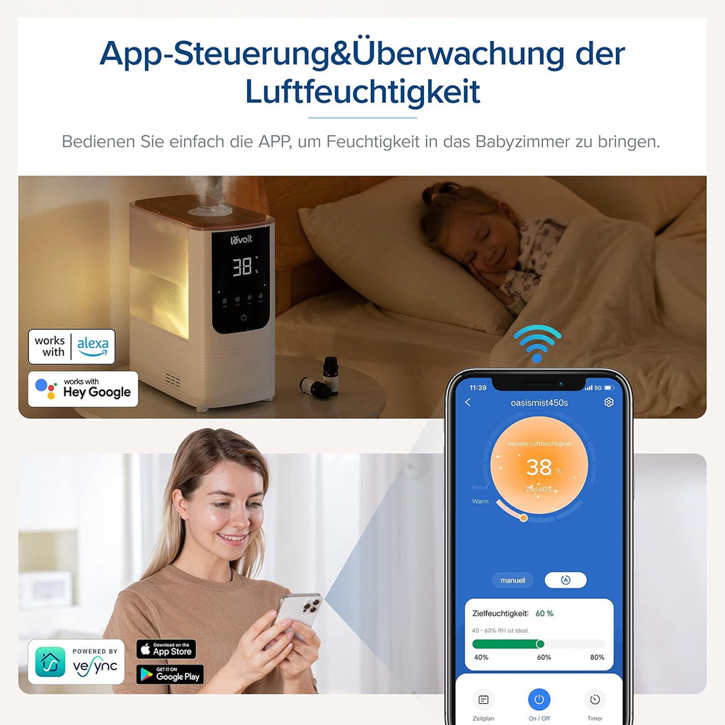 Levoit OasisMist LUH-O451S Luftbefeuchter 4,5L – Warm & Kalt, VortexMist, 550ml/h, 26dB, WiFi, Mondweiß