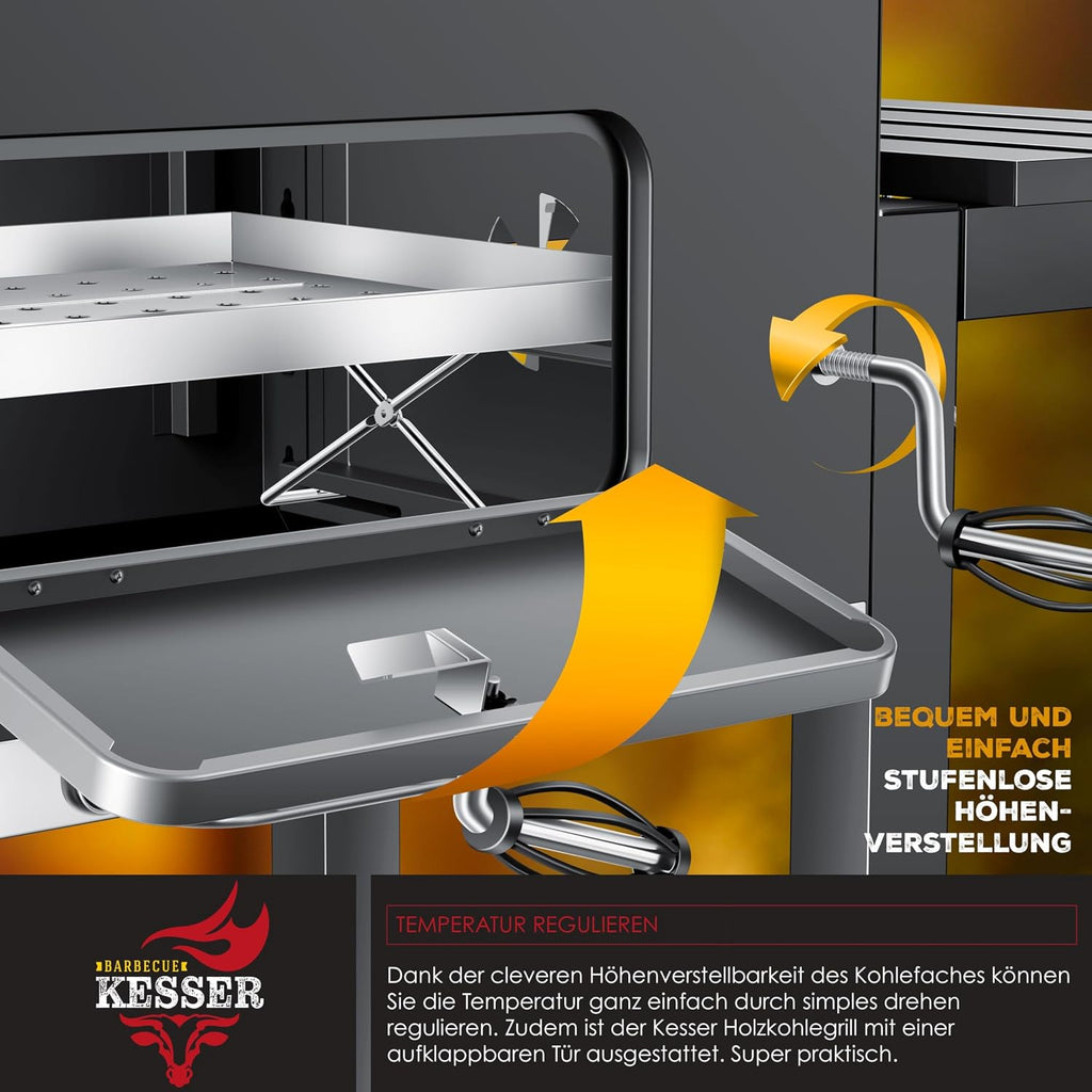KESSER Holzkohlegrill XL Grillwagen, 2338 cm², Thermometer, Warmhalterost, Grau