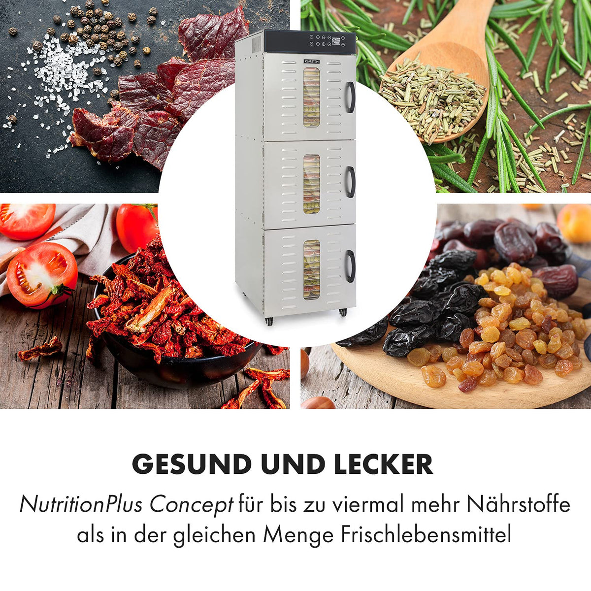 Klarstein Dörrautomat Edelstahl – 4.000-W-Dörrgerät, 48 Edelstahl-Einlegeböden, 30–90 °C, 24-Stunden-Timer, 6 Ventilatoren, 2 Trockenkammern, 50–55 dB, ideal für Obst, Gemüse, Fleisch, Kräuter, Silbero