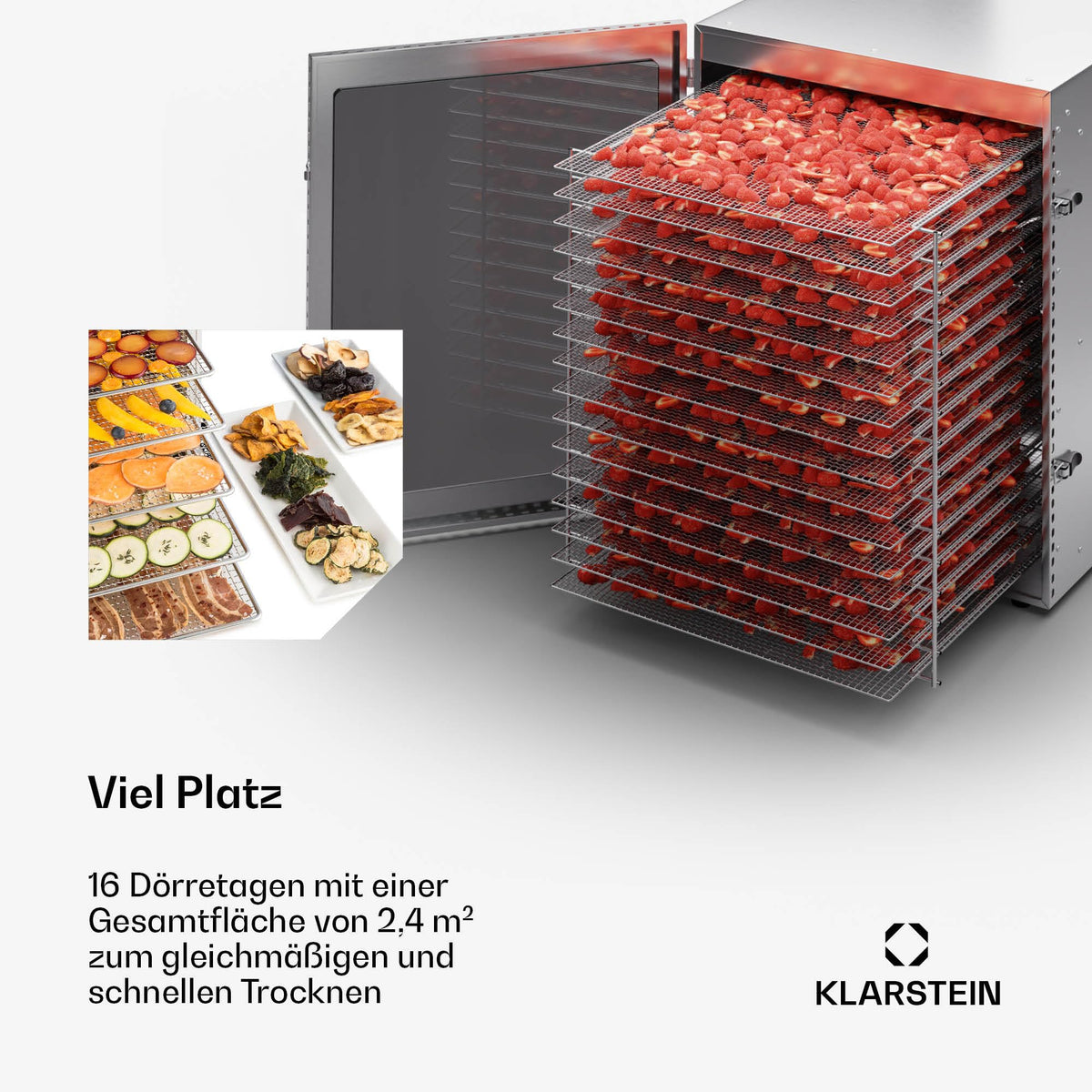 Klarstein Dörrgerät, Dörrautomat für Gemüse, Obst, Pilze & Fleisch, 1500W Edelstahl-Dörrautomat, Trockenautomat mit 16 Metallgitter, Dörrgerät mit 24H Timer & Touch-Display, Food Dehydratoro