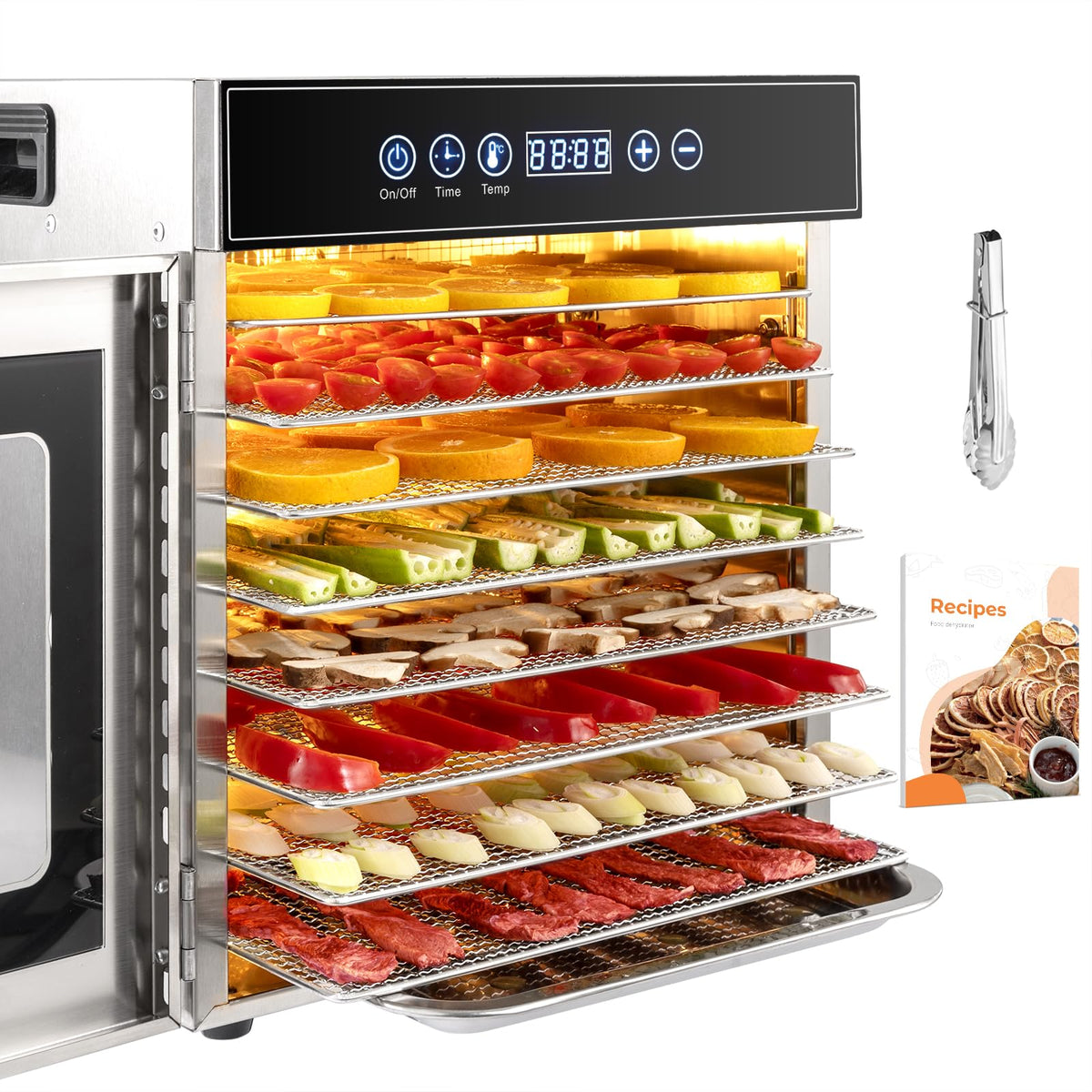 Kwasyo Dörrautomat Edelstahl DA 1000, XXL-Dörrfläche 1,8 m², Dörrgerät Temperatur einstellbar 30-90℃, LED-Display, 24 Std, BPA-frei, mit Rezeptheft, 10 Edelstahl-Dörrtablettso