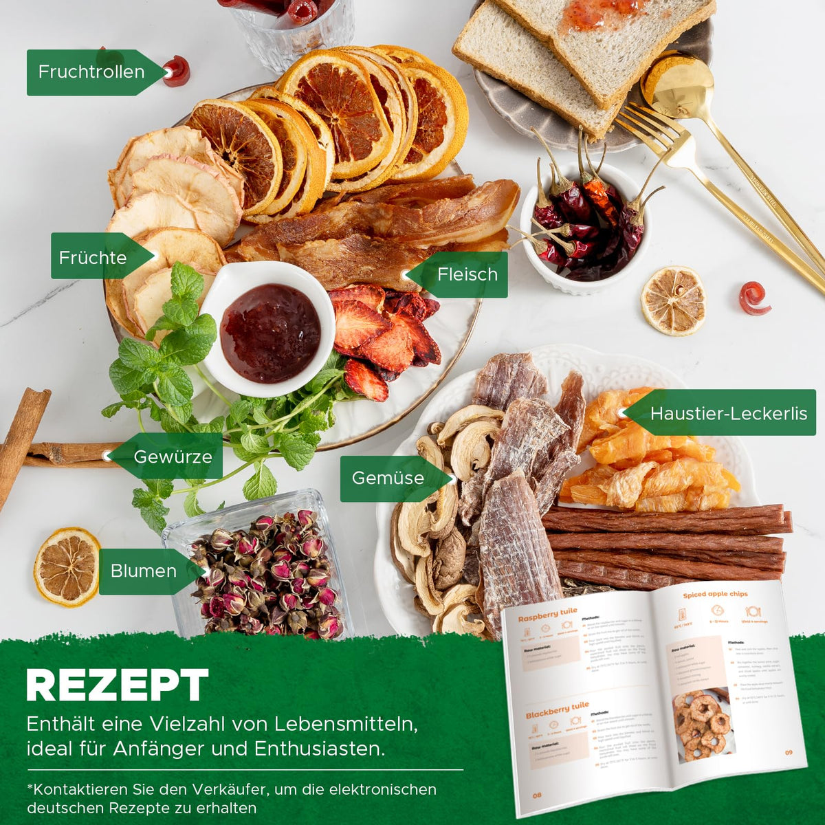 Kwasyo Dörrautomat Edelstahl DA 1000, XXL-Dörrfläche 1,8 m², Dörrgerät Temperatur einstellbar 30-90℃, LED-Display, 24 Std, BPA-frei, mit Rezeptheft, 10 Edelstahl-Dörrtablettso