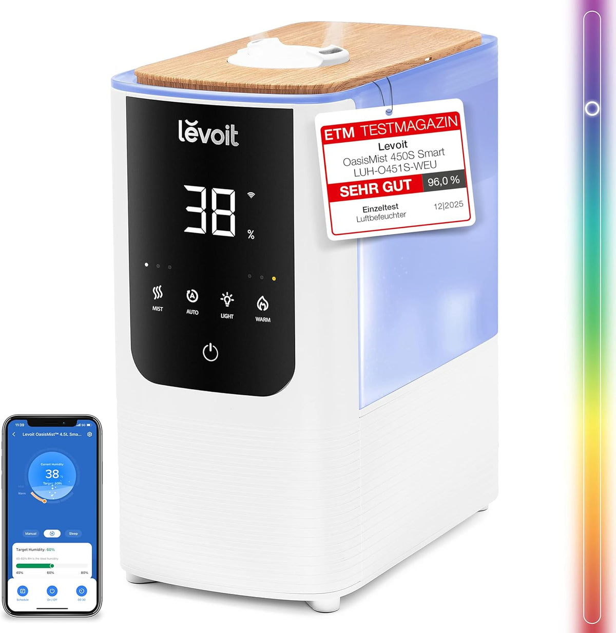 Levoit OasisMist LUH-O451S Luftbefeuchter 4,5L – Warm & Kalt, VortexMist, 550ml/h, 26dB, WiFi, Mondweiß