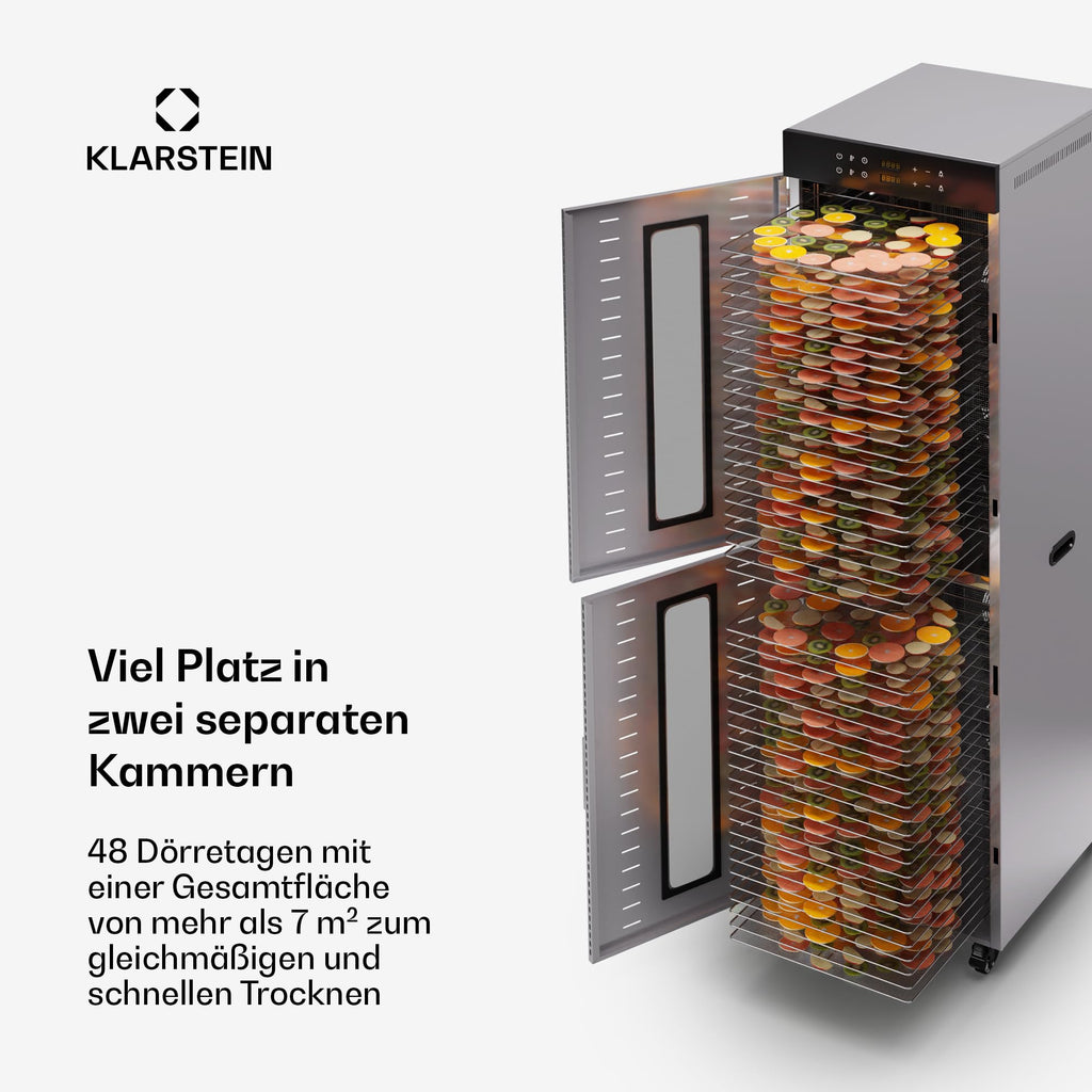 Klarstein Dörrautomat Edelstahl – 4.000-W-Dörrgerät, 48 Edelstahl-Einlegeböden, 30–90 °C, 24-Stunden-Timer, 6 Ventilatoren, 2 Trockenkammern, 50–55 dB, ideal für Obst, Gemüse, Fleisch, Kräuter, Silbero