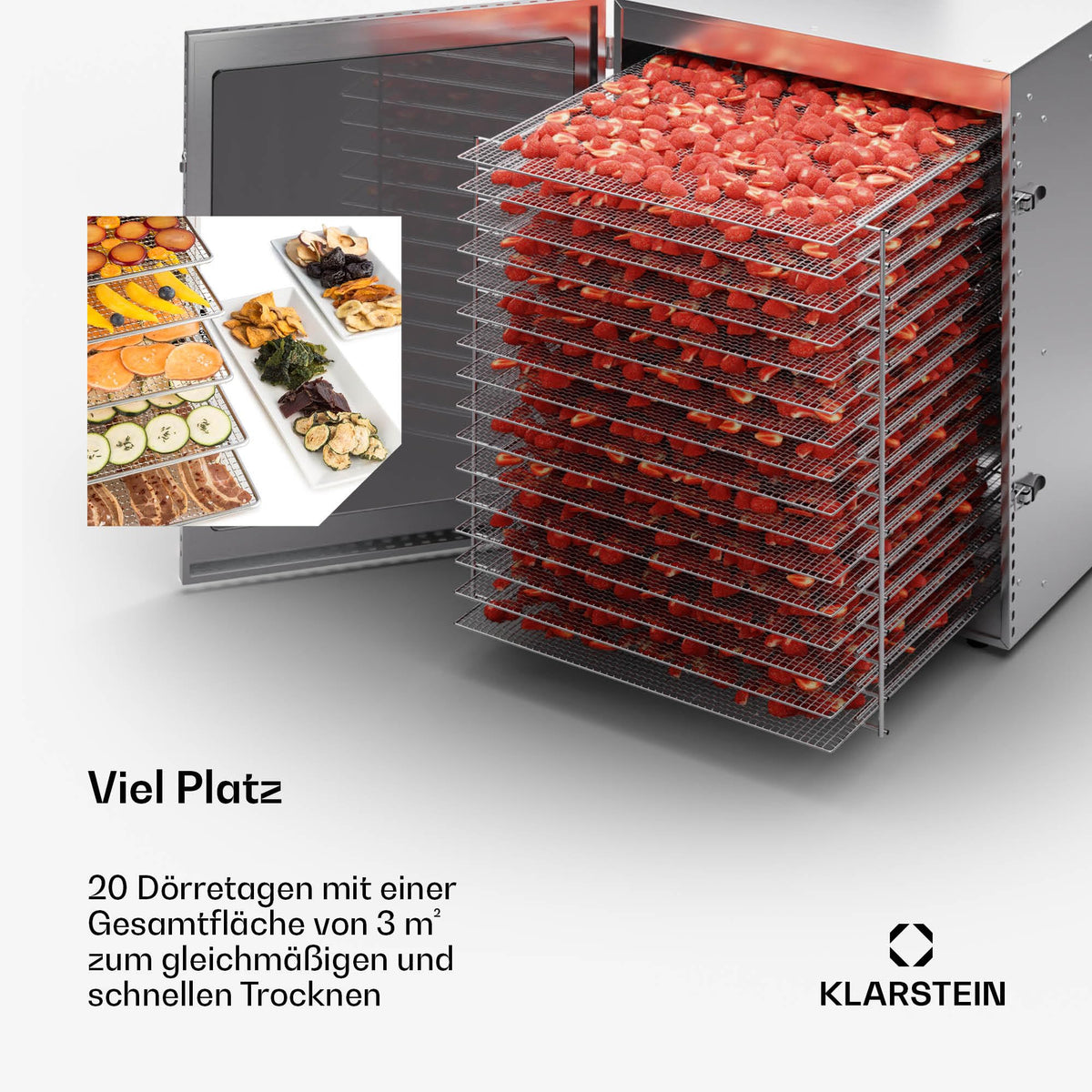 Klarstein Dörrgerät, Dörrautomat für Gemüse, Obst, Pilze & Fleisch, 1500W Edelstahl-Dörrautomat, Trockenautomat mit 16 Metallgitter, Dörrgerät mit 24H Timer & Touch-Display, Food Dehydratoro