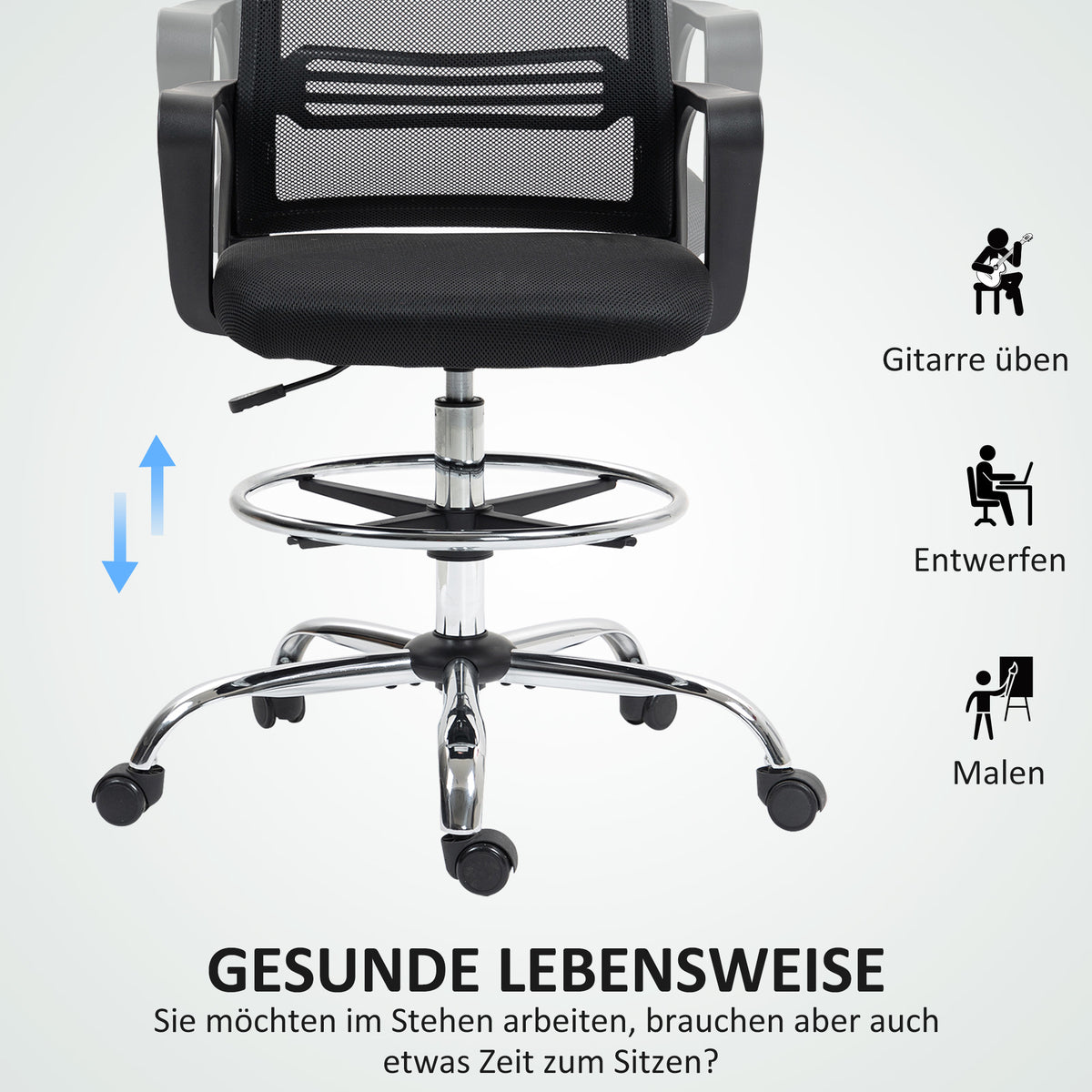 HOMCOM Bürostuhl, Drehstuhl, drehbarer Schreibtischstuhl, verstellbar, rollbar, Schwarz