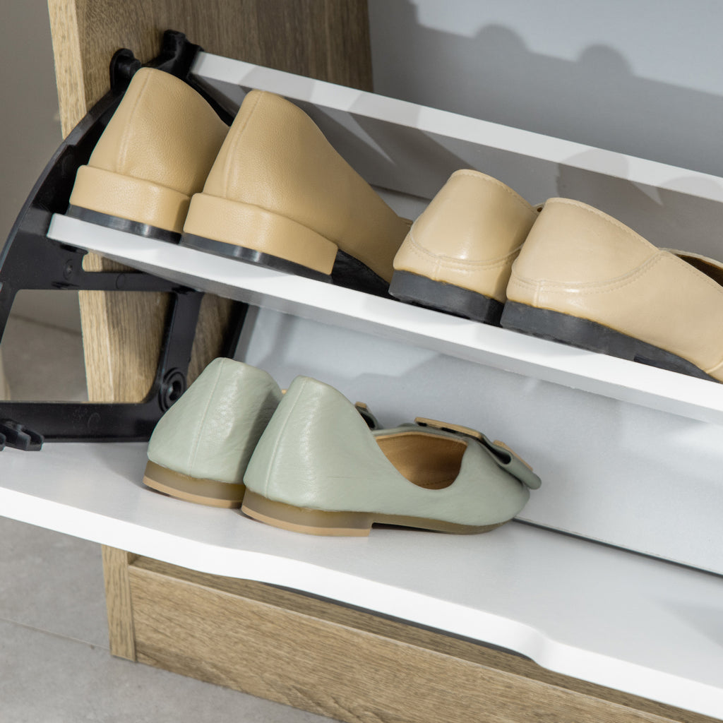 HOMCOM Schlanker Schuhschrank mit 2 Schubladen für 8 Paar Schuhe 62,5x26x81 cm, Holz und Weiß
