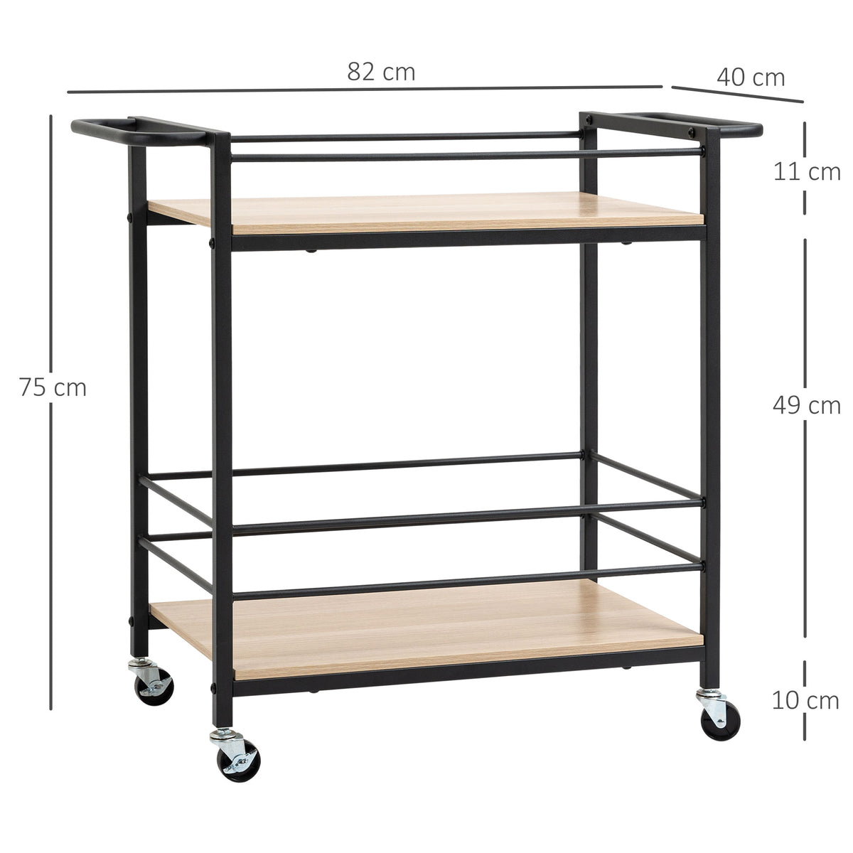 HOMCOM Küchenwagen Servierwagen mit 2 Ablagen, Reling, Stahl, Schwarz+Holz 82 x 40 x 75cm