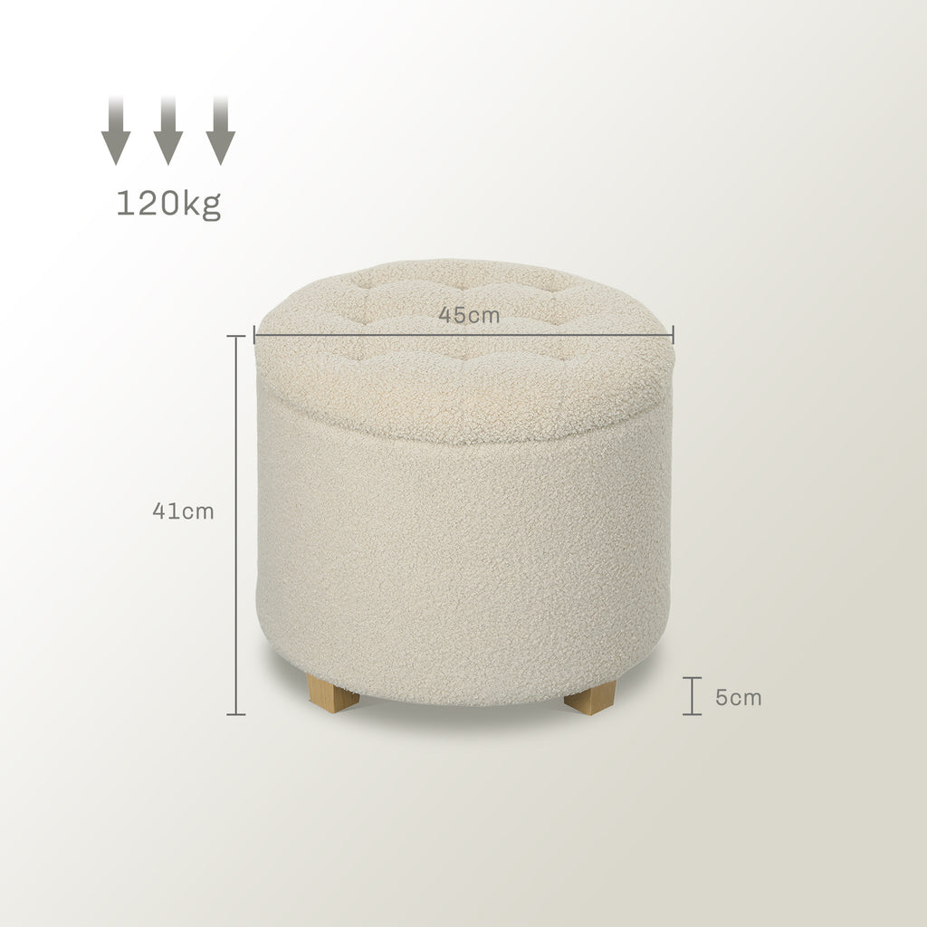 HOMCOM Runder Sitzhocker mit Stauraum, Deckel und Holzbeinen, Fußhocker für Wohnzimmer, Flur, Schlafzimmer, Cremeweiß